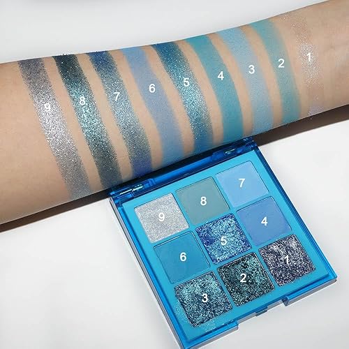Miniatura 7 de evpct Paleta de sombra de ojos con brillo azul de 9 colores, sombra de ojos brillante con purpurina azul marino real, cobalto, cielo de bebé, azul