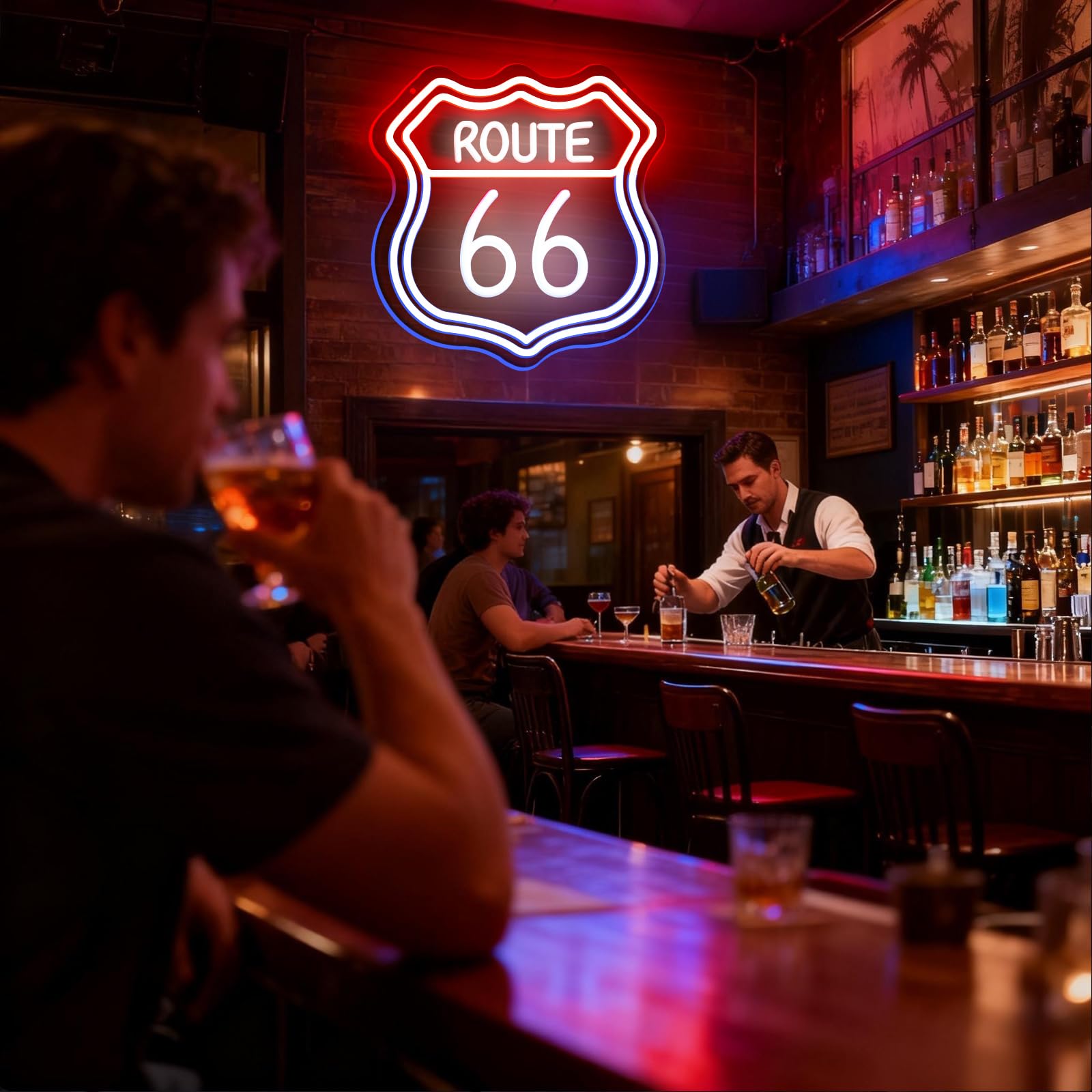 Znak neonowy Route 66 niebiesko-czerwono-biały, diody LED, neonowe światła do dekoracji ścian, USB, regulowana jasność, akrylowe światła neonowe, odpowiednie do dekoracji klubu, biura, barów, pokoju
