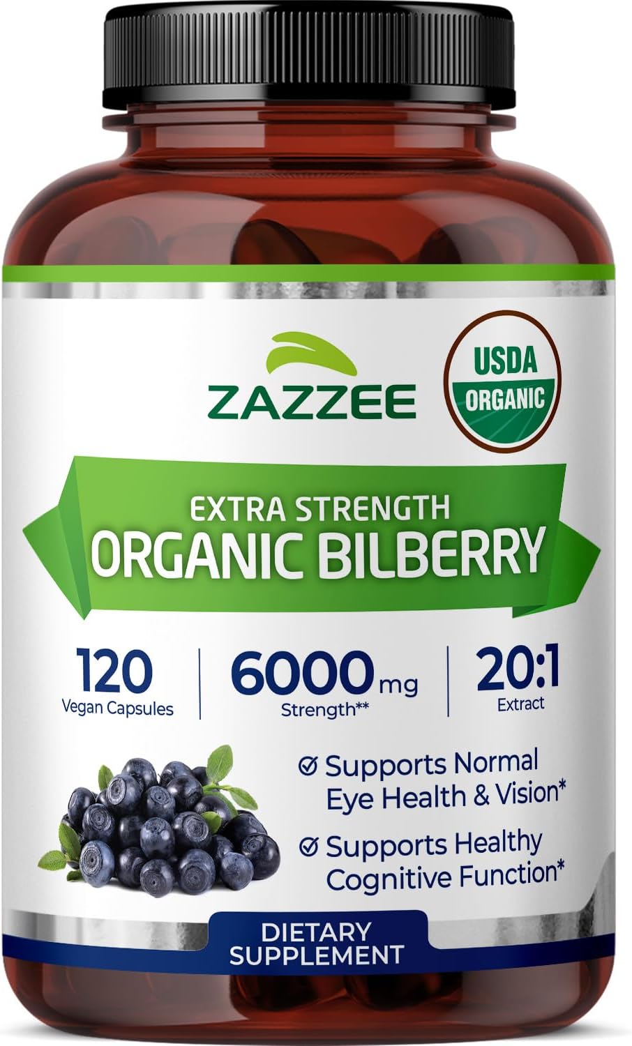 - Zazzee USDA Organic Bilberry 20:1 Extract, 120 Vegan Capsules, 4 Month Supply, Vaccinium Myrtillus, Eye Health, Vision & Antioxidant Support, All-Natural, Non-GMO, Made in the USA