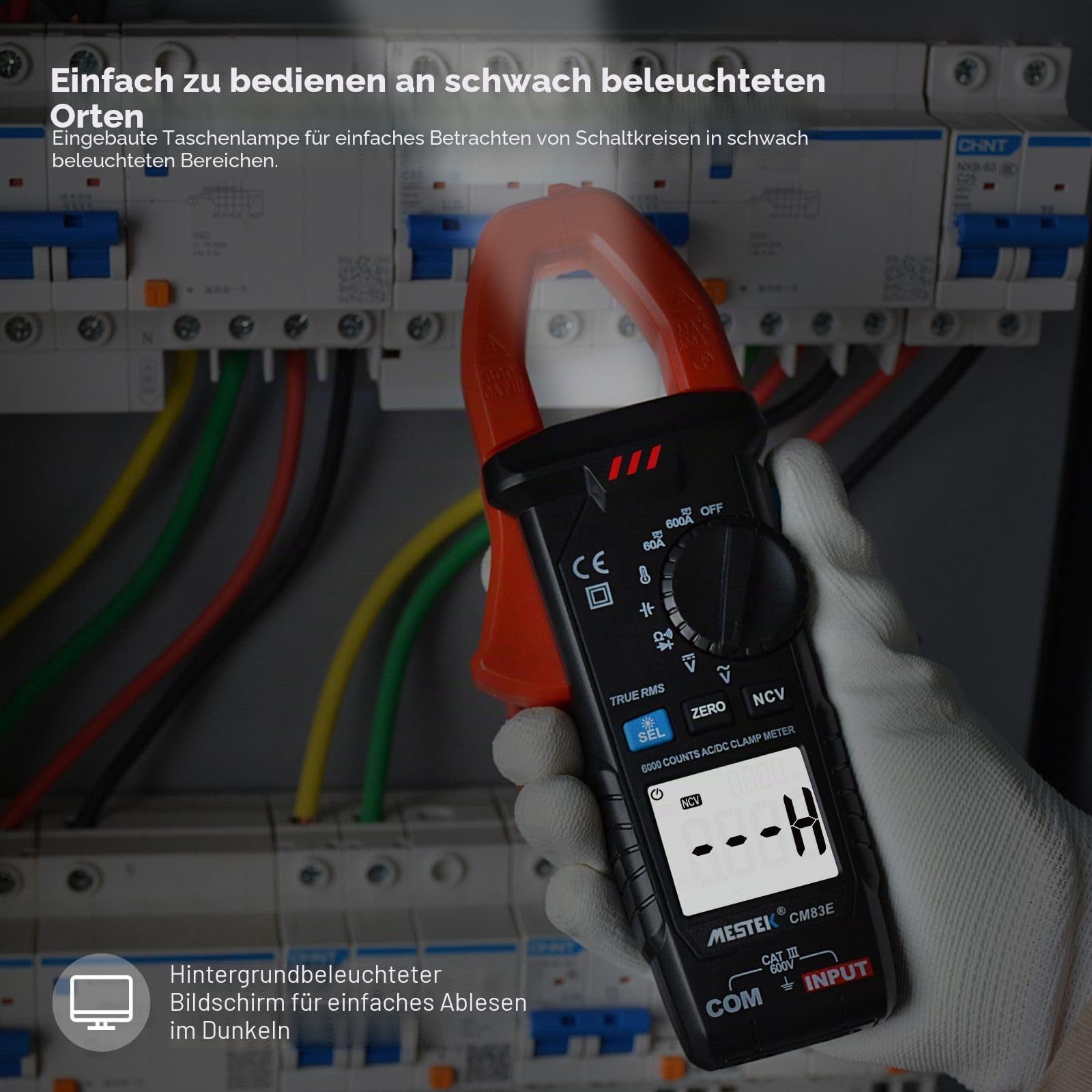 Stromzange MESTEK Multimeter AC/DC, True-RMS 6000 Counts Auto Range Strommesszange, Zangenamperemeter Amperemeter Voltmeter Misst Spannung Strom Temperatur Widerstand Kapazität Diode Kontinuität NCV