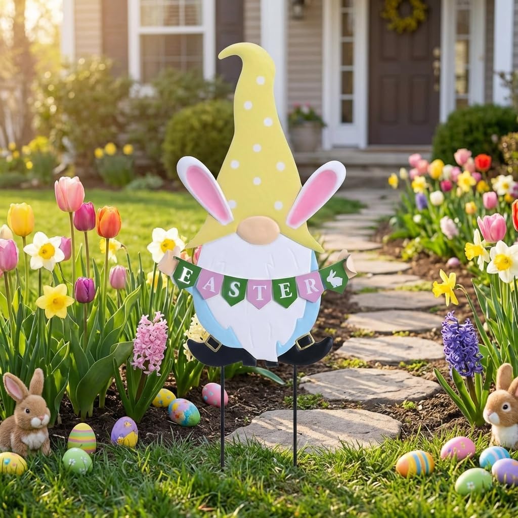 TERESA'S COLLECTIONS Easter Decorations Outdoor for Home, Metal Easter Gnomes Decor Yard Stakes, Pink & Blue Egg Rabbit Garden Stakes Gifts, Welcome Yard Signs for Outside Lawn Porch Patio, 27"
