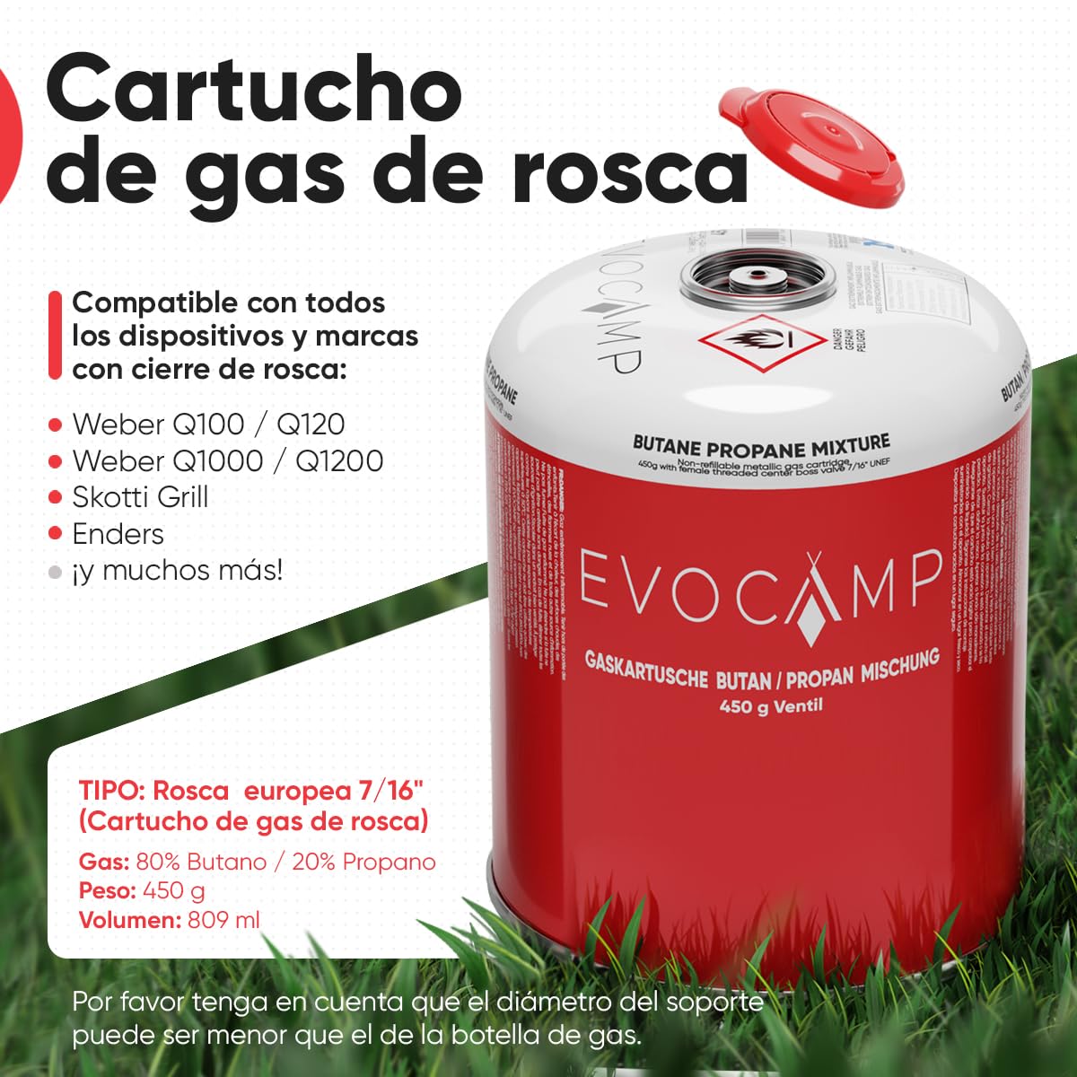 EVOCAMP 4X cartucho de gas Propano Butano 450g, cartucho de rosca europea 7/16", botellas de gas para camping 809ml, bombona de gas, puede utilizarse para barbacoas Weber de la serie Q100/1200