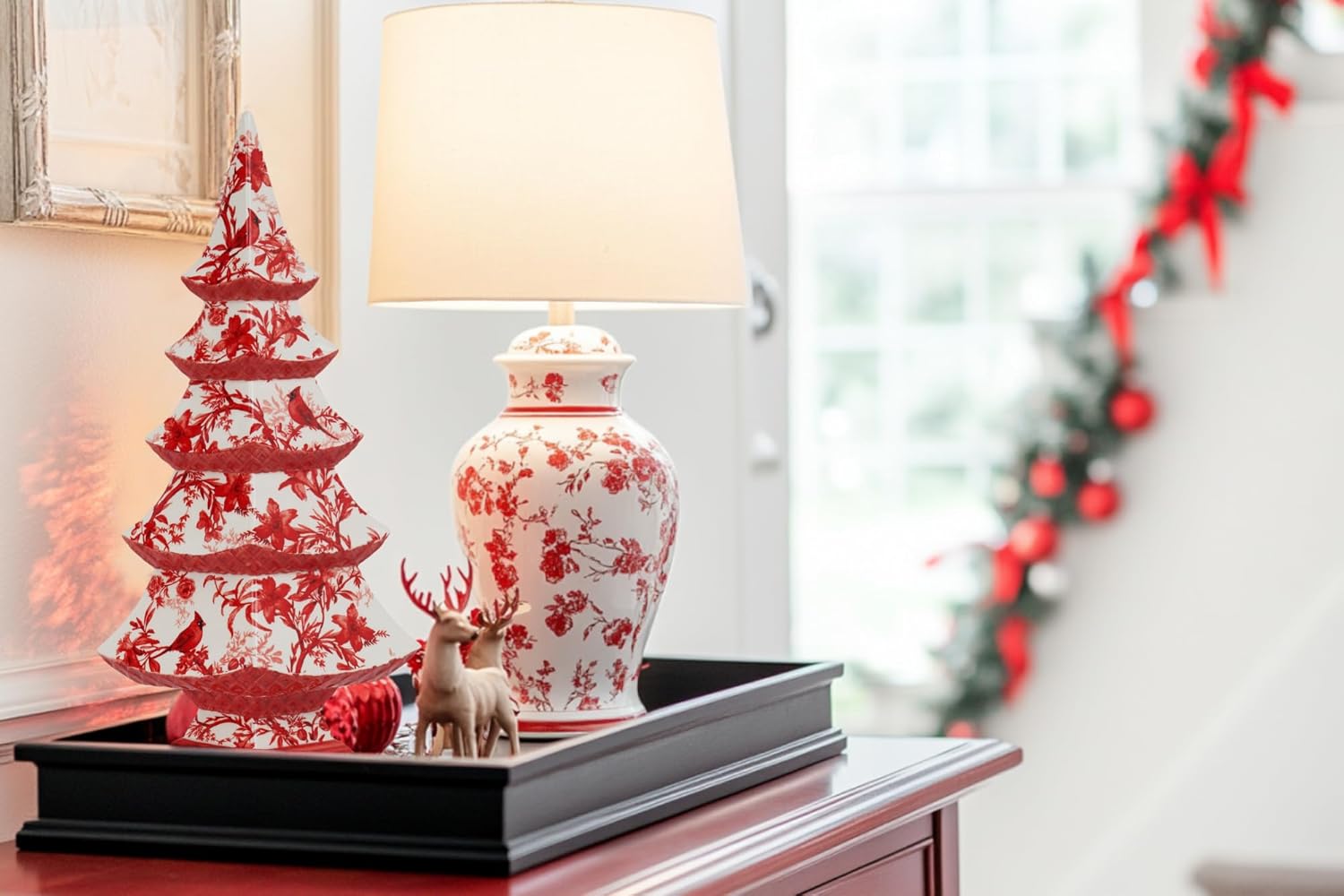 Cynkeyee Chinoiserie Decor Ceramic Christmas Tree - Decorative Christmas Tree Figurine, Red and White Floral Pattern with Cardinals, Ceramic Holiday Decor 6.5x4.2x13.5Inch