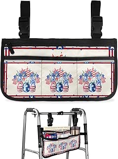 4th of July Florals Wheelchair Side Bag Walker Bag, Independence Day Flowers Vase Rustric Wheelchair Accessories Armrest Pouch, Organizer Storage Bag for Walkers, Rollators, 7.3'x13'