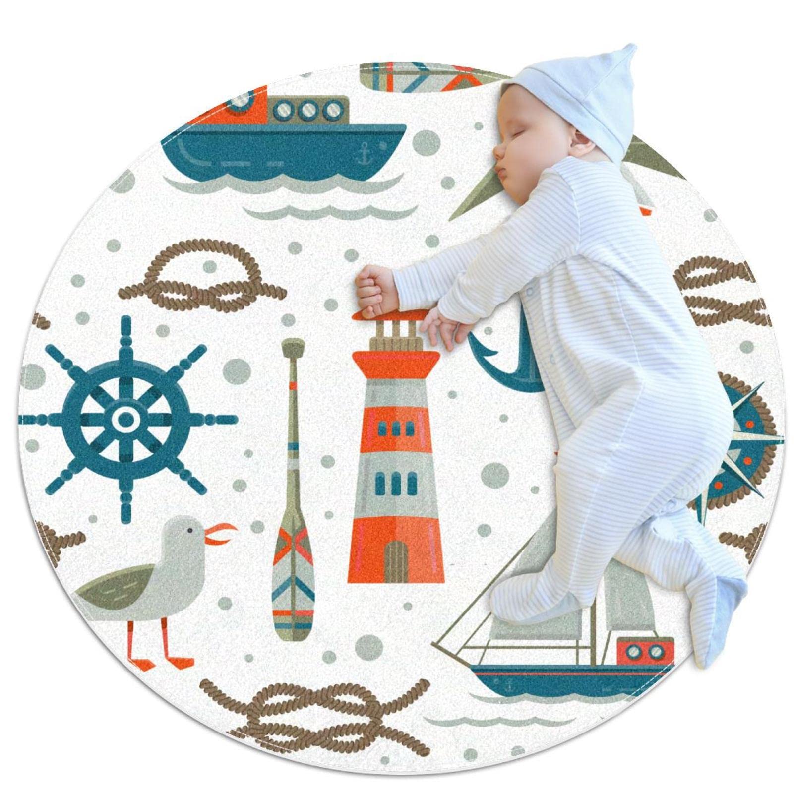 Tapis de salle de bain rond 1m motif phare voilier antidérapant pour chambre et canapé