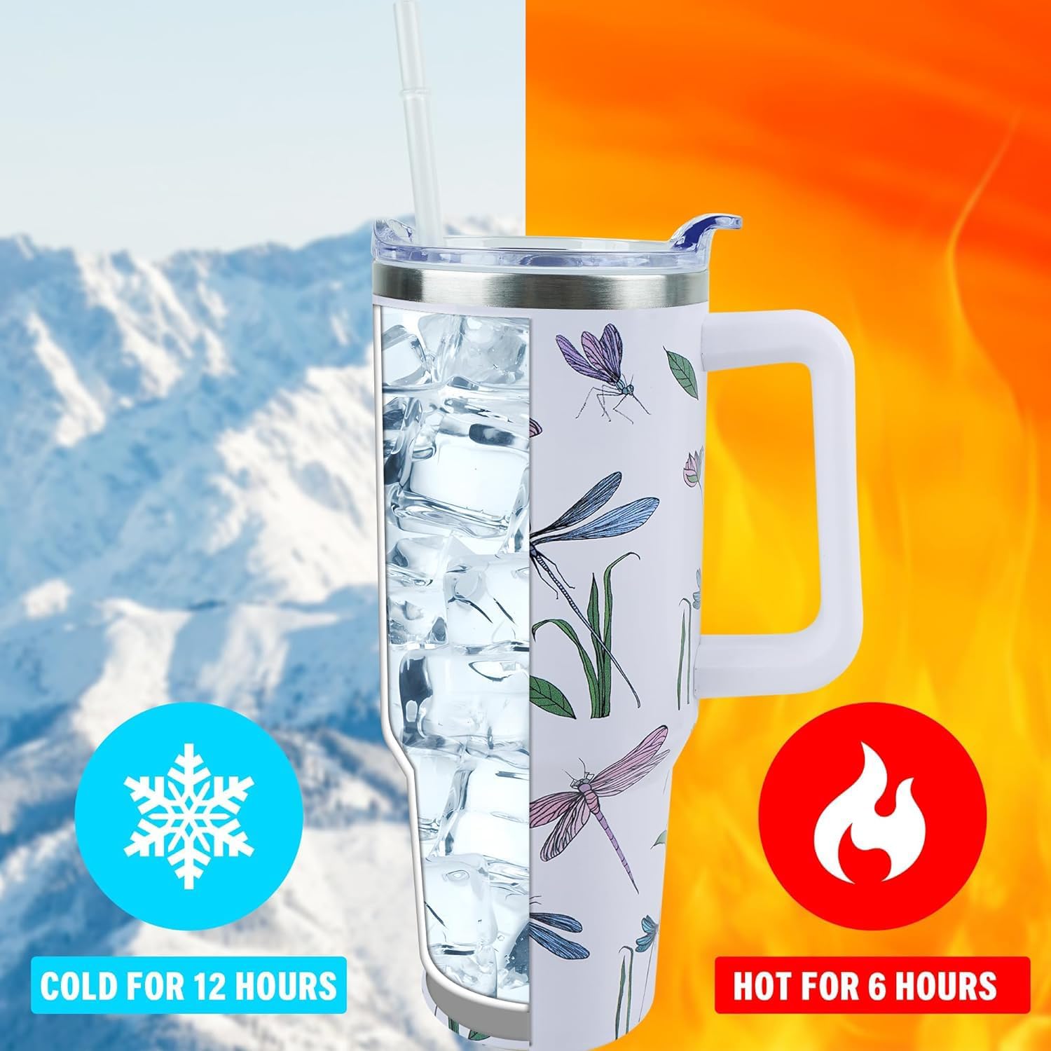 40 oz Dragonfly Tumbler with Handle and Straw, Travel Mug Water Bottle, Stainless Steel Insulated Cup with Lid and Straw, Birthday Christmas Gifts - Image 2