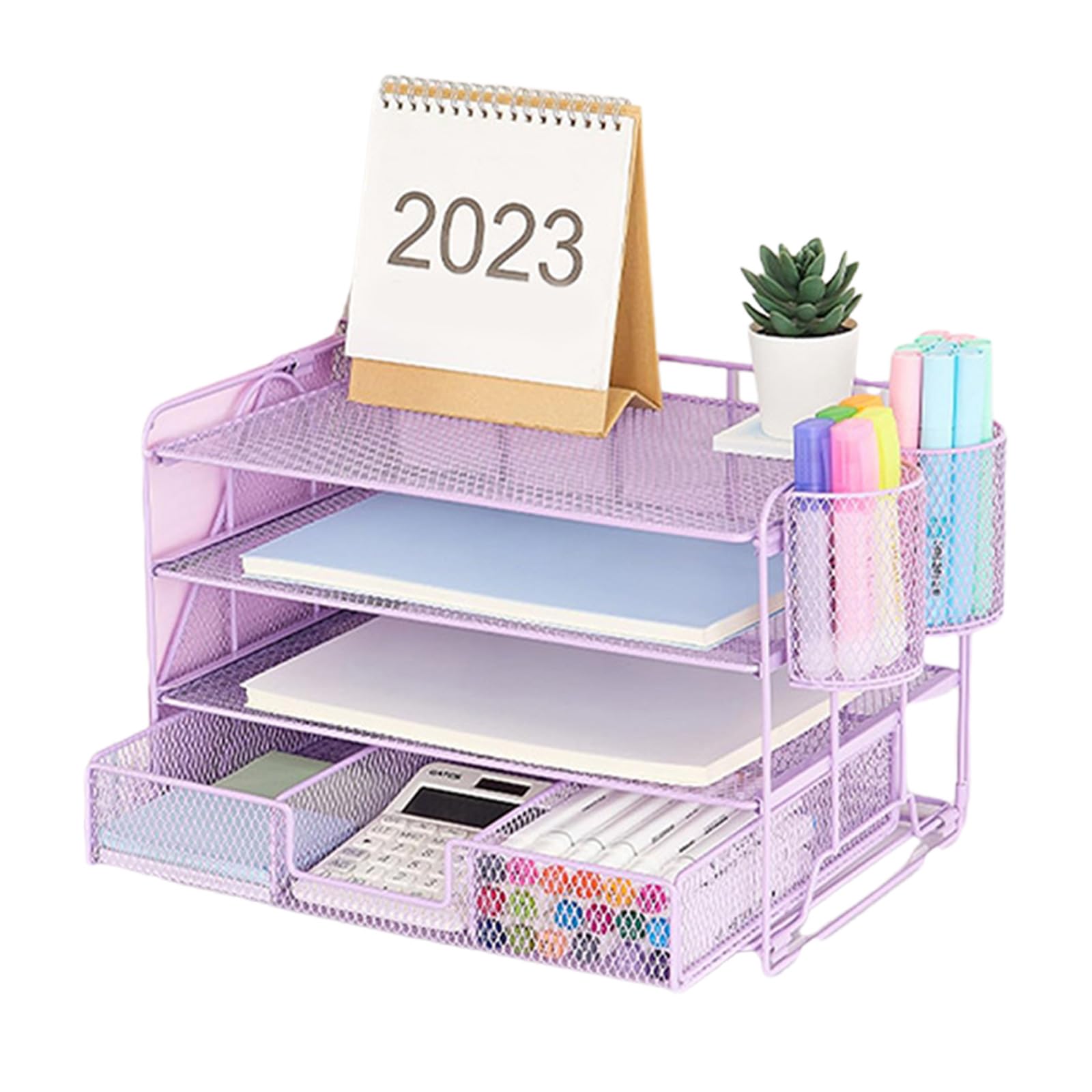 Organizer da scrivania in metallo salvaspazio, a 4 livelli, portacorrispondenza con portariviste, cassetto e 2 portapenne, accessori da scrivania