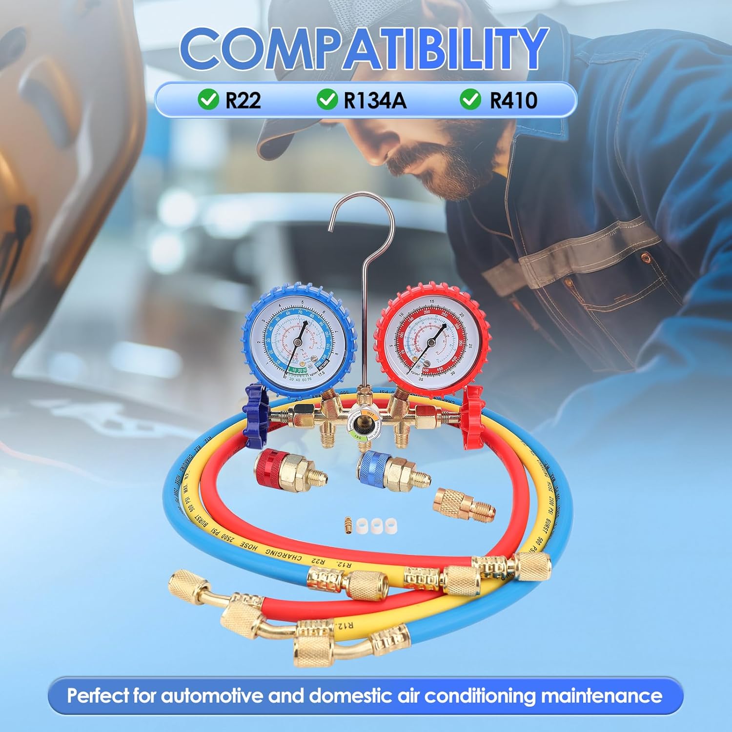 PBS 3-Way AC Manifold Gauges Set,AC Meter Set for R22 R134A R410 Refrigerants,Quick Couplers, 410A Adapter, Puncturing Can Tap,Valve Core Tool for AC (536B and