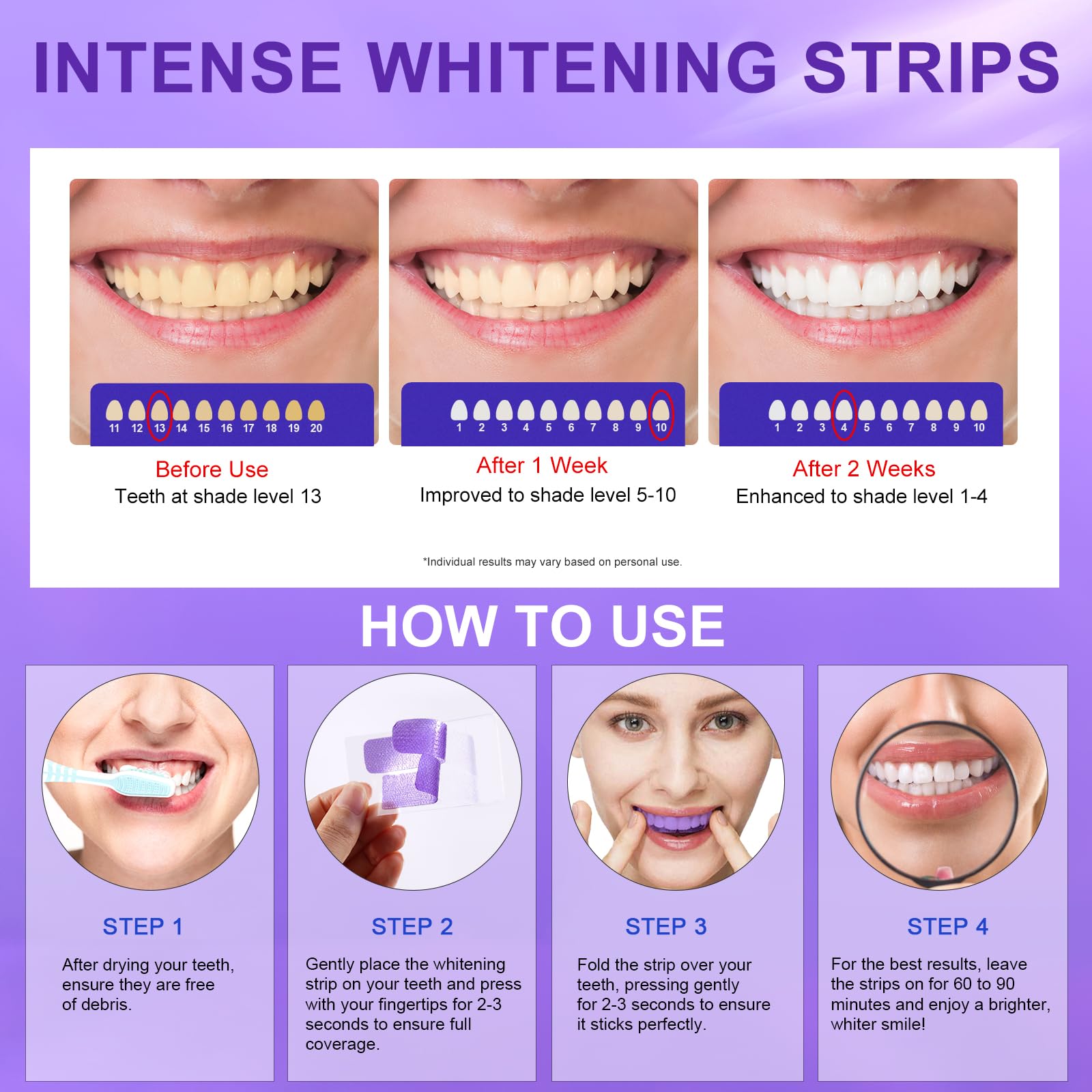 Strisce sbiancanti dei denti viola Strisce sbiancanti 14 trattamenti per smalto sicuro, Teeth Whitening Strips Dall'interno, At-Home Kit sbiancante - Sensitivity Free
