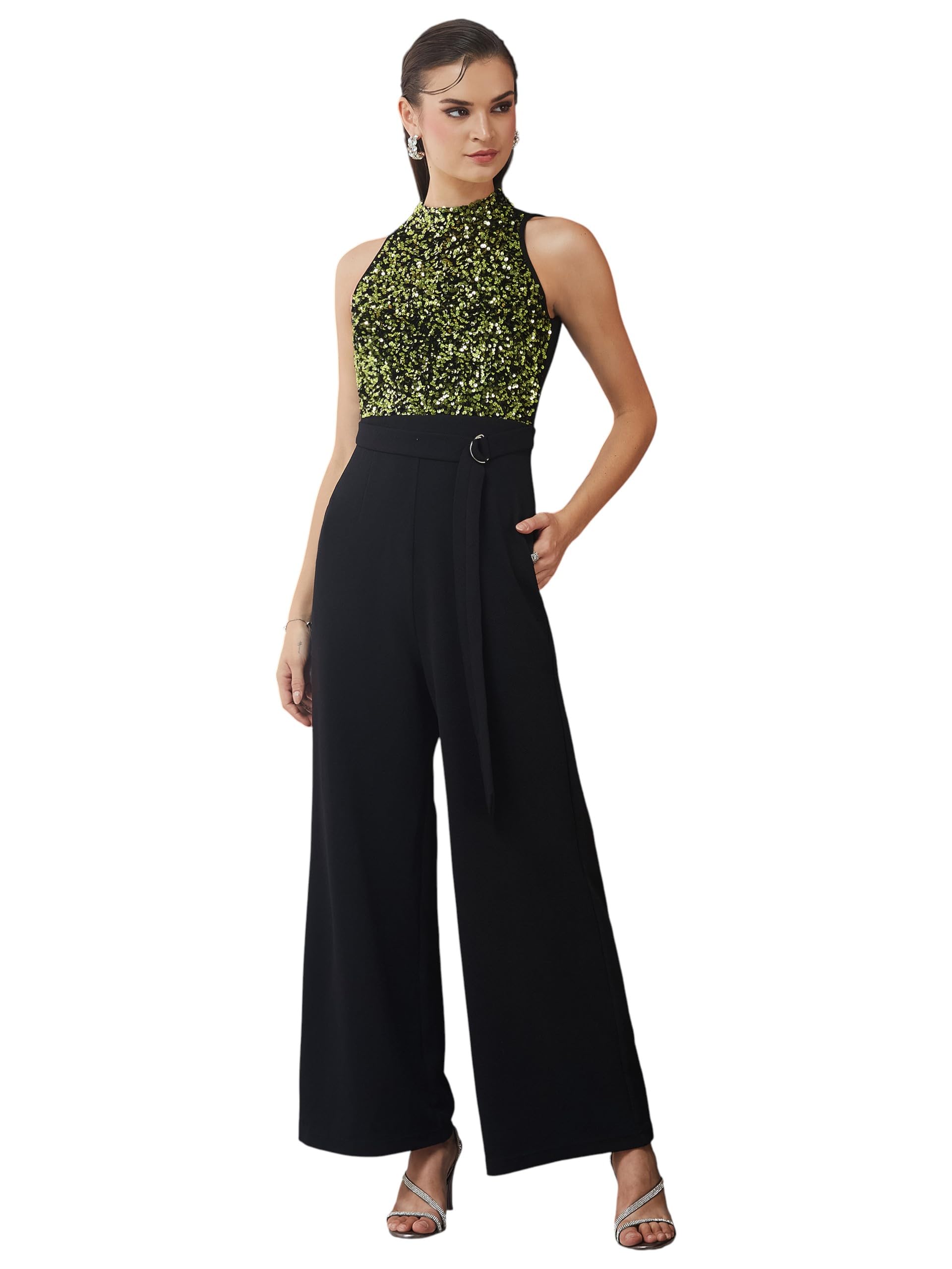 miss chase Women's Halter Neck Sleeveless Embellished Regular - Length Jumpsuit-picture-44