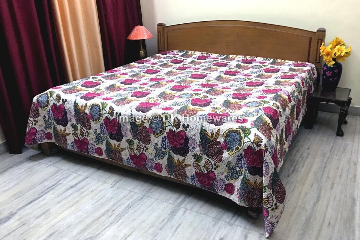 Indian Bohemian White Queen Size Kanta Quilt Decorative Cotton Kantha Work Tropical Fruit Printed Hand Crafted (108 x 90) -Set of 1 Coverlet Bedspread