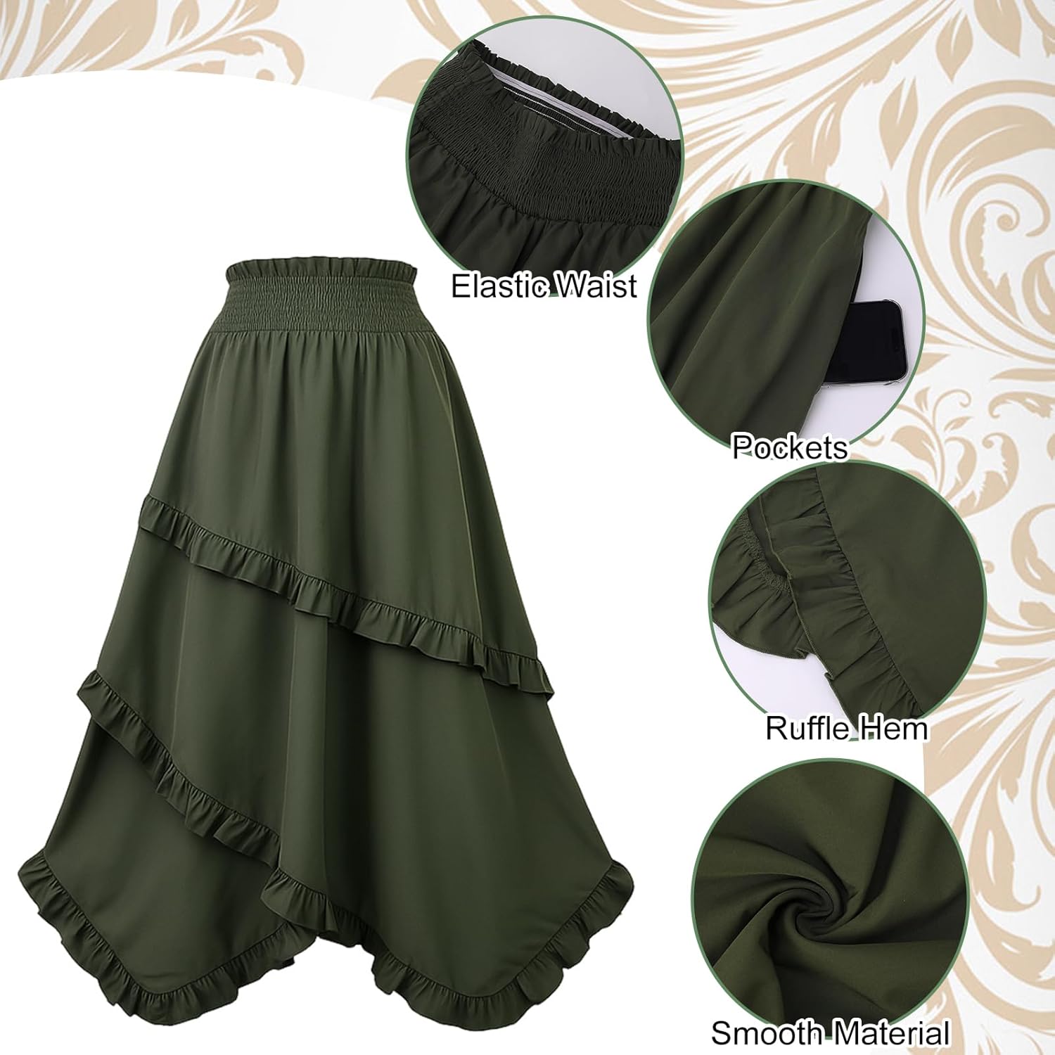 Maxi Skirt for Women High Waist Renaissance Long Skirts Medieval Casual Elastic with Side Pockets - Image 3