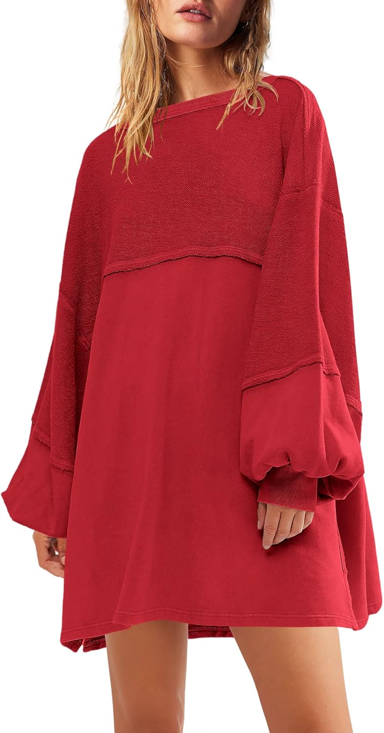 Panadila Womens Oversized Long Sleeve Patchwork Sweatshirt Dress Crewneck Tunic Sweatshirts Fall Loose Pullover Top - Image 2