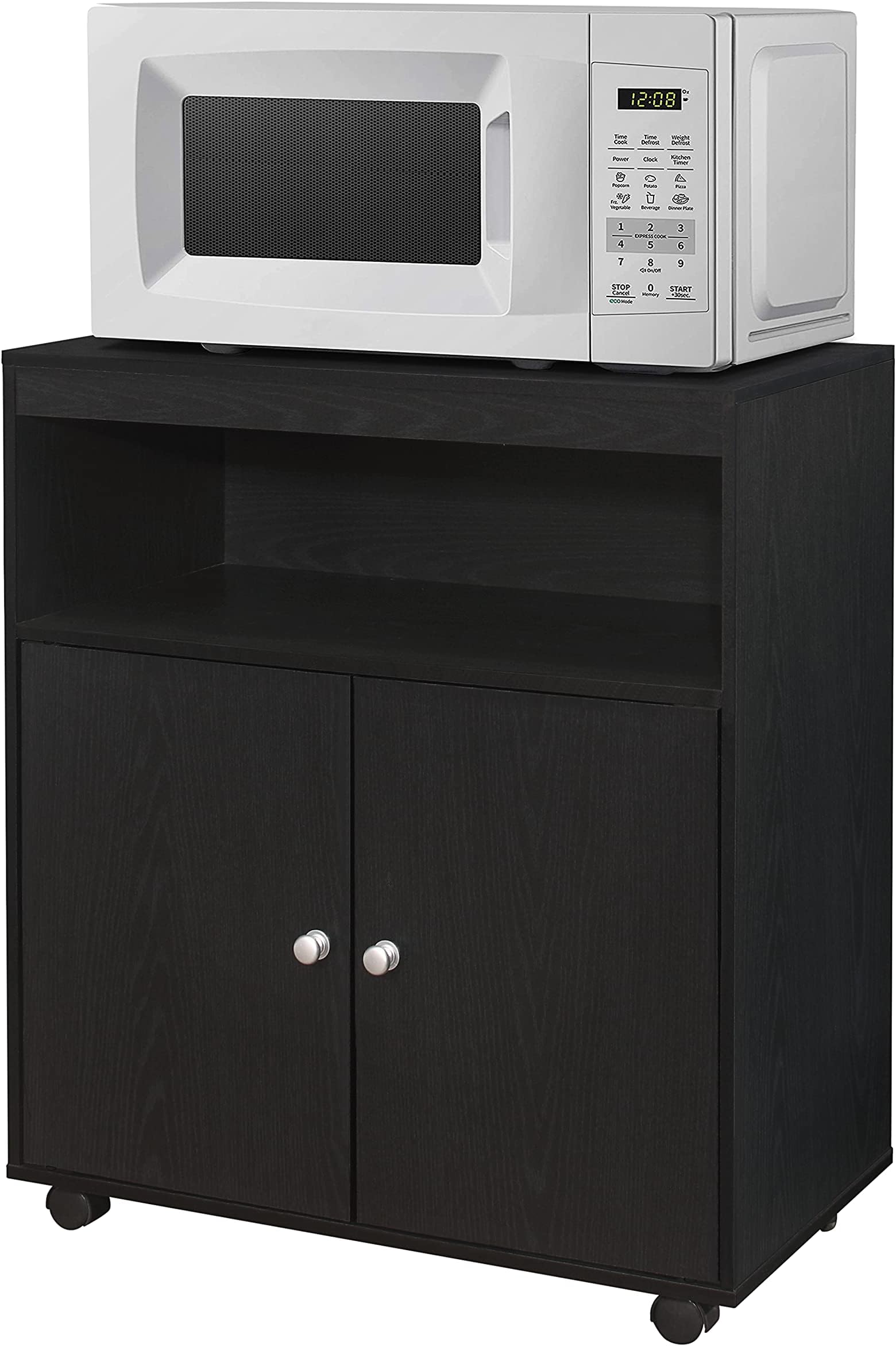 KB Designs - Microwave Kitchen Cart, 2-Door Cabinet and Shelf for Storage, Black