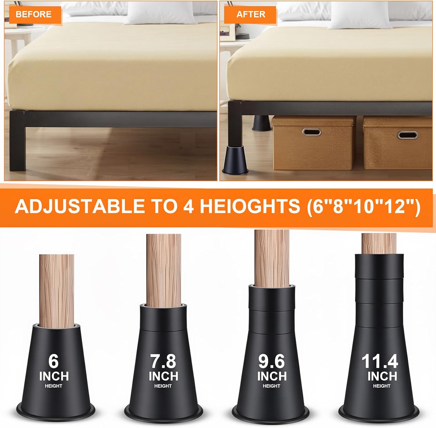 12 Inch Heavy Duty Bed Risers – Set of 4 Adjustable Round Furniture Risers Lifts 6" 8" 10" 12" for Beds, Sofas, Tables– 6000 Lbs Total Capacity