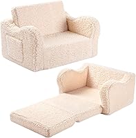 MOMCAYWEX Kids Sofa 2-in-1 Flip-Out Foam Couch with Soft Sherpa Cover - Cozy Toddler Lounge Chair, Cream