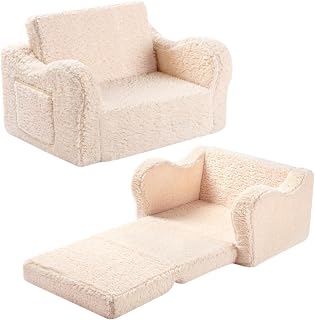 MOMCAYWEX Kids Sofa 2-in-1 Flip-Out Foam Couch with Soft Sherpa Cover - Cozy Toddler Lounge Chair, Cream