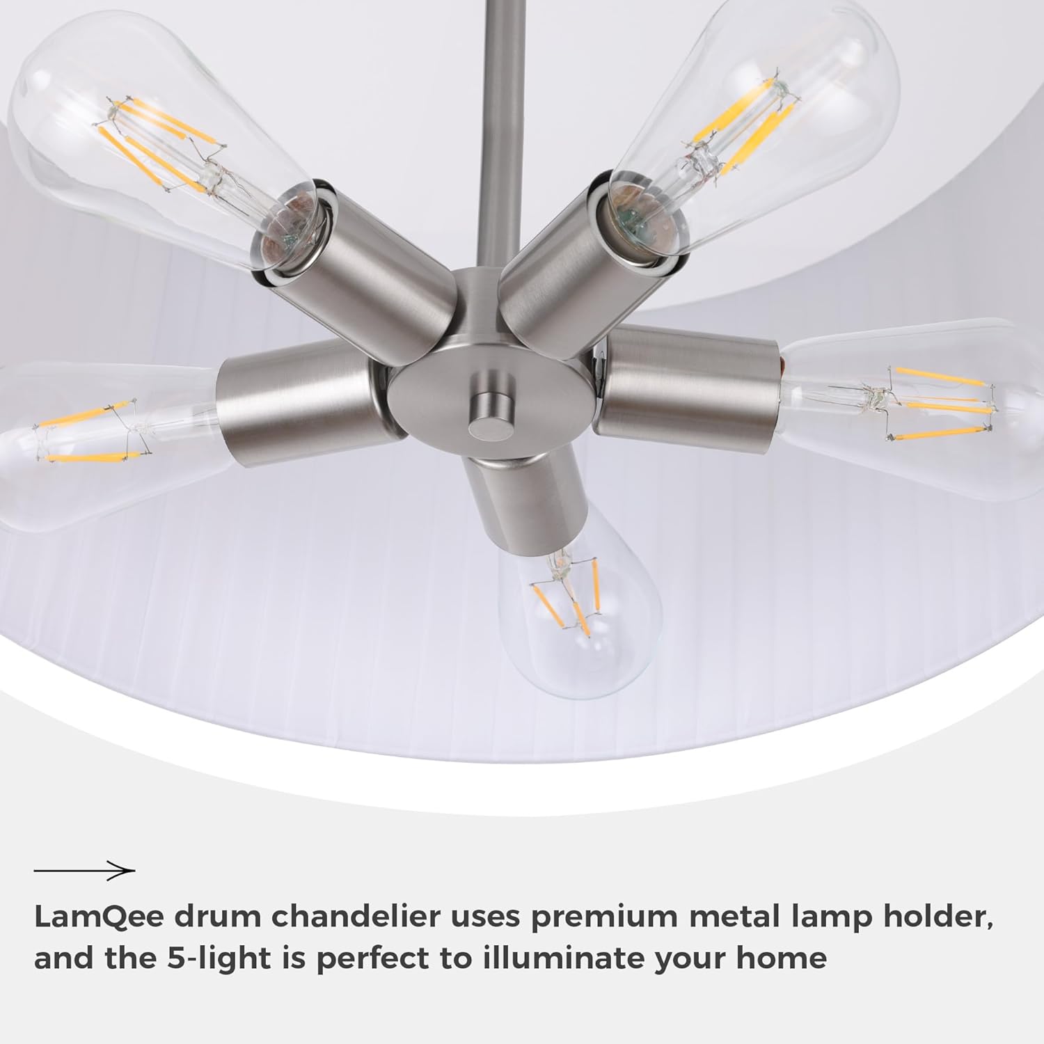 LamQee 24" Modern Drum Chandelier, 5-Light Hand-Pleated Fabric Pendant Light Fixture, White Shade and Nickel Finish, 2 Tier Semi Flush Mount Ceiling Hanging Lighting for Dining Room Kitchen Bedroom