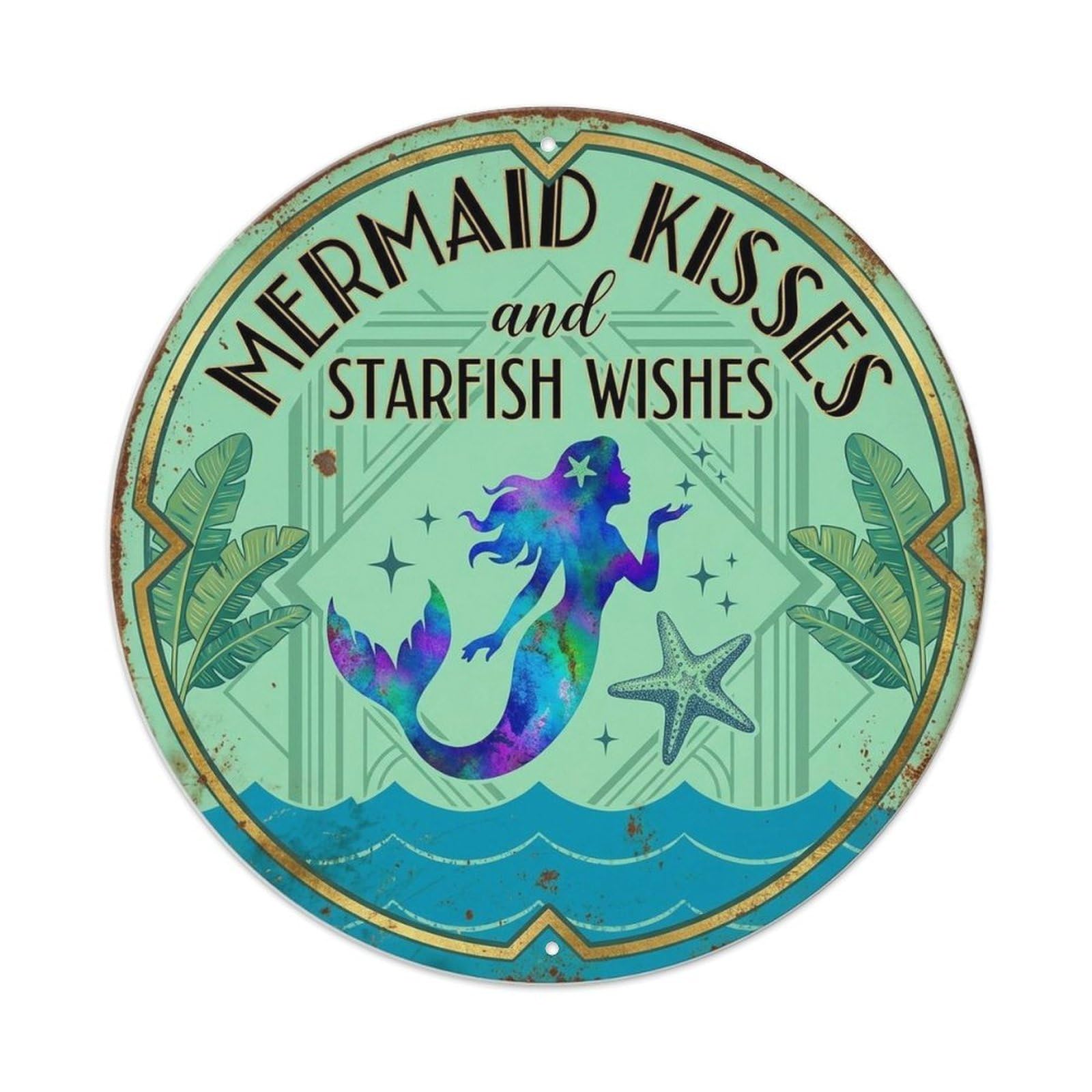 Mermaid Starfish Wishes Ocean Lagoon Retro Beach Typography Metal Tin Sign Plaque Wall Decor for Cafe, Man Cave, Club Bar, Office, Home Garden Round Metal Poster 8x8Inch