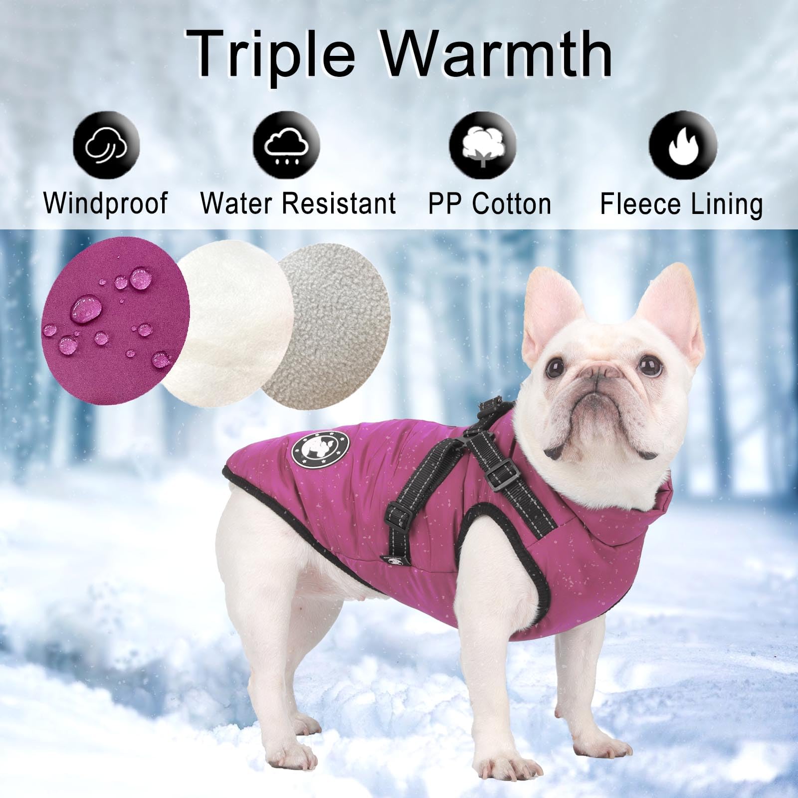 Cappotto per cani di piccola taglia, giacca per cani con imbracatura, impermeabile e caldo cappotto invernale per cani di piccola taglia, lavabile in lavatrice, con strisce riflettenti