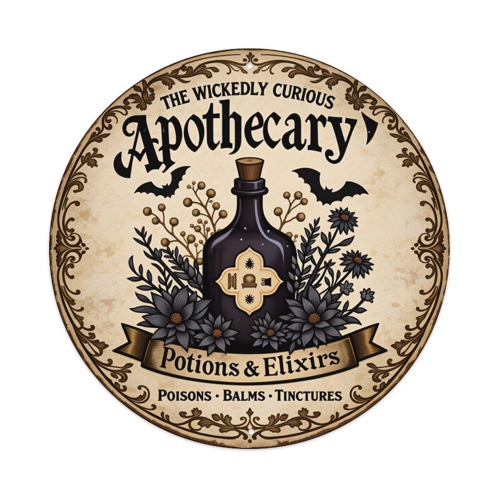 Jdfenggu Vintage Apothecary Bottle Flowers Bats Banner Retro Metal Tin Sign, Metal Poster For Bar, Home, Man Cave, Kitchen, Laundry Room Art Decor 8X8 Inch