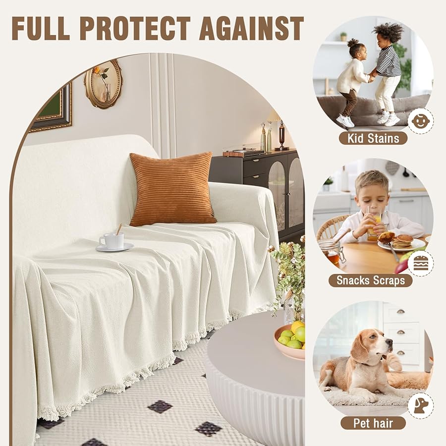 TAOCOCO Couch Cover Sectional Couch Covers Blanket Living Room Furniture Protector for 3 Cushion Couch Sofa Oversized Couch Cover Thick Durable Couch Covers with Tassels (71''x150'' Beige) - image 7