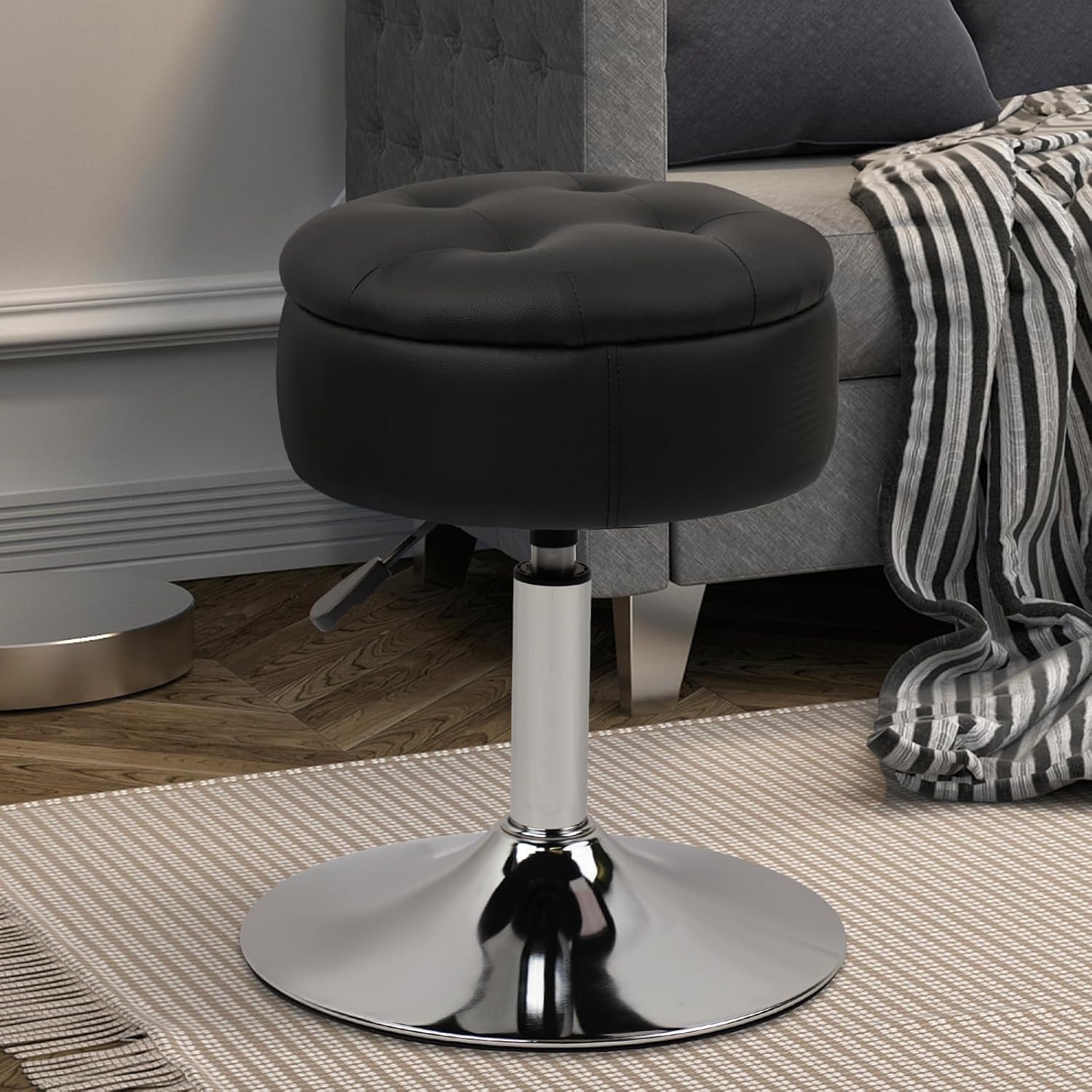 Salon Stool with Big Storage Set of 2, Height Adjustable 361° Swivel Modern Round Leather Tufted Makeup Vanity Stools for Massage Facial Spa Beauty Nail Medical Clinic Tattoo Barber, Black