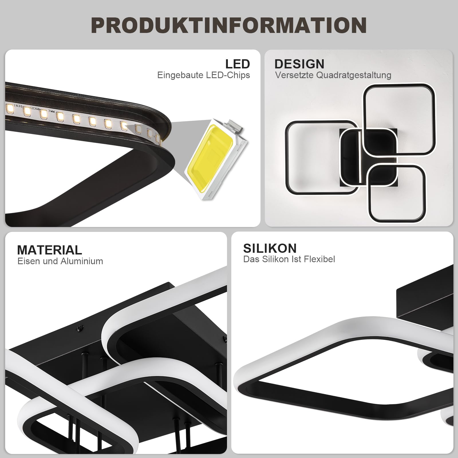 Moderne LED Deckenleuchte, 60W 57CM Wohnzimmerlampe Schwarze Deckenlampe | 4000k LED Lampe für Wohnzimmer Schlafzimmer Esszimmer Flur Küche