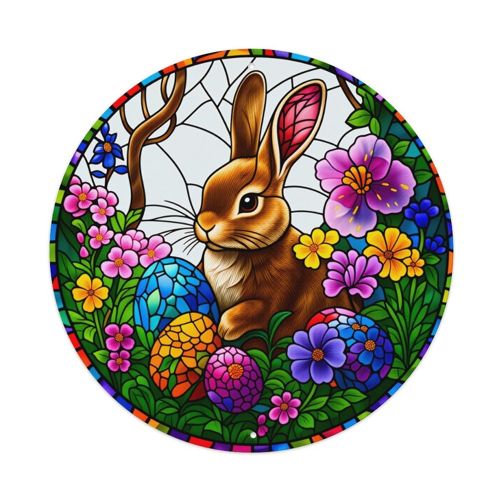 Stained Glass Rabbit Easter Eggs Flowers Round Tin Sign Vintage Metal Poster Retro Bar, Home, Man Cave, Kitchen, Laundry Room Wall Art Decor Gift 8x8Inch