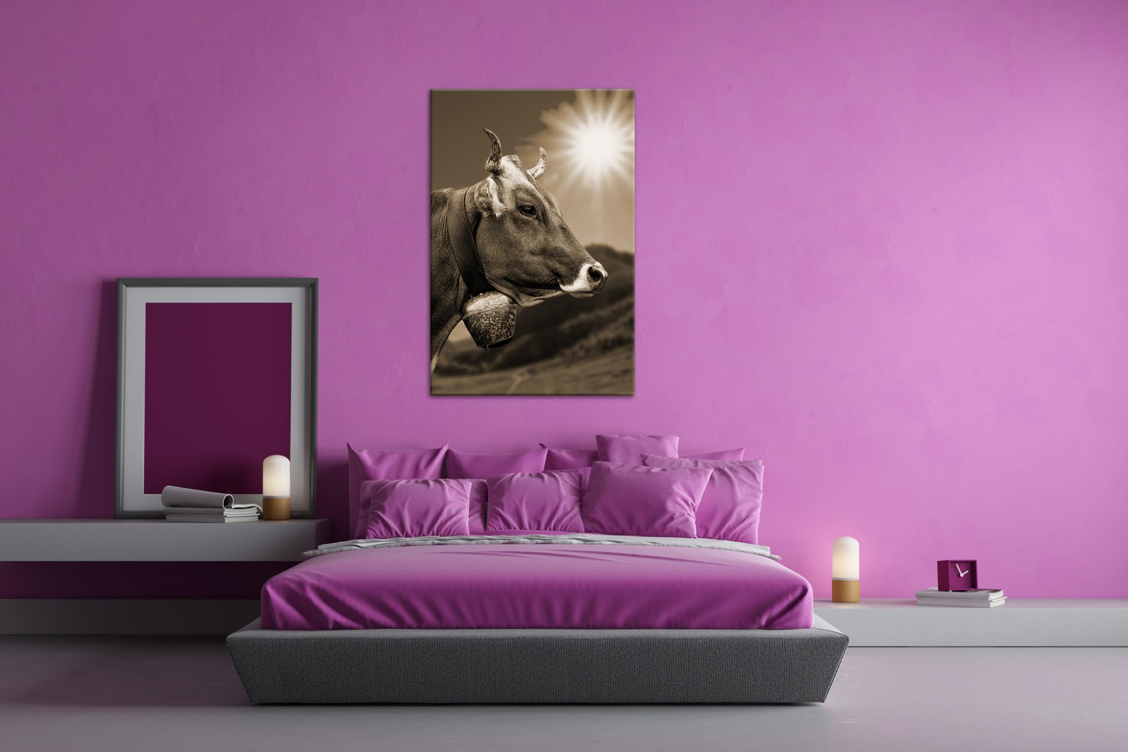 Elegante mucca alpina Formato: 120 x 80 Effetto: Seppia come tela, motivo già incorniciato su cornice in vero legno, stampa digitale di alta qualità con cornice, senza poster o manifesto