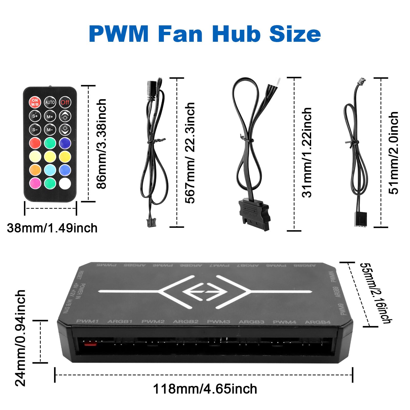 Controller RUIZHI 2-in-1 ARGB PWM Fan Hub mit 9 x 4Pin PWM Fan Connectors & 5V 3Pin Porte con Base Magnetica e Porta SATA Power 18 per Illuminazione RGB/Controller RGB (nero)