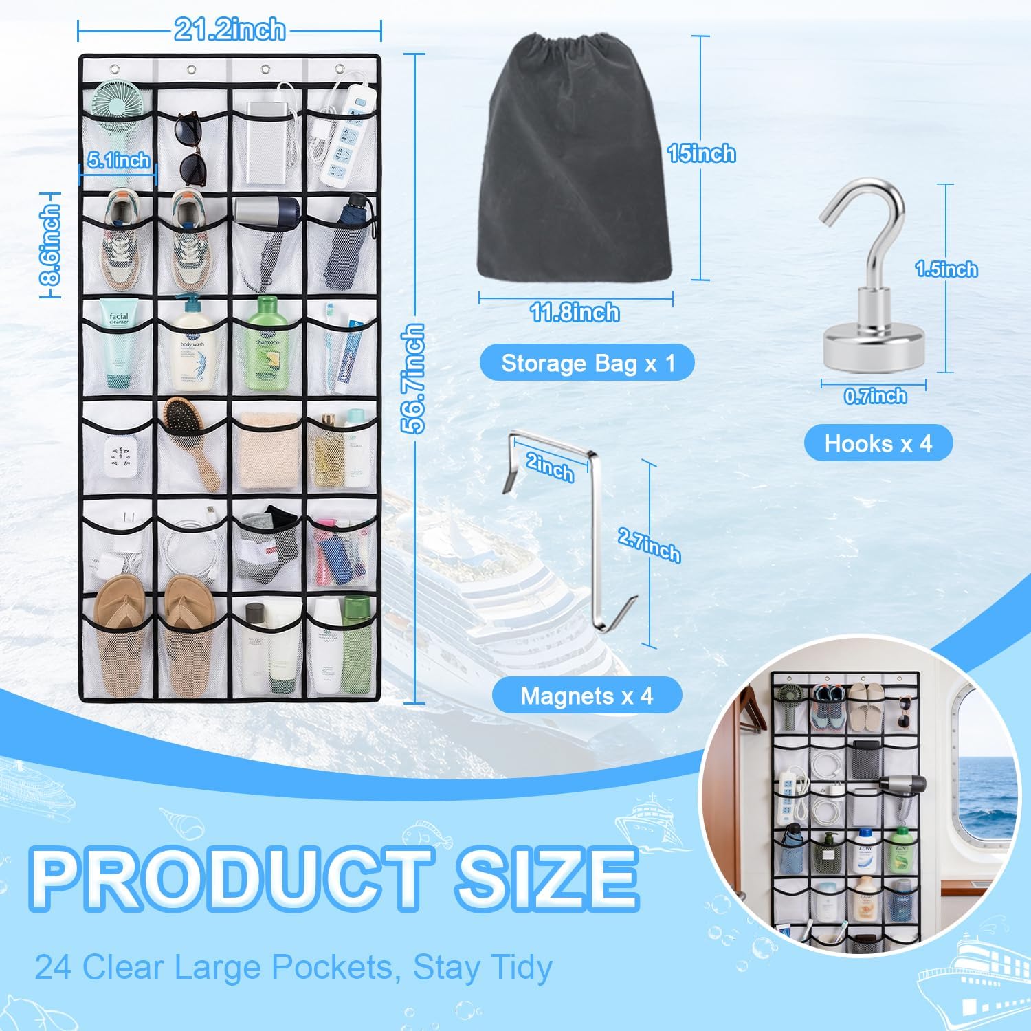 Magnetic Cruise Organizer, Over The Door Organizer for Cruise Ships with 24 Large Clear Pockets, Magnetic Shoe Rack for Door, Hanging Door Organizers for Cabin Cruise Essentials 2026（ 56.7" x 21.2"）