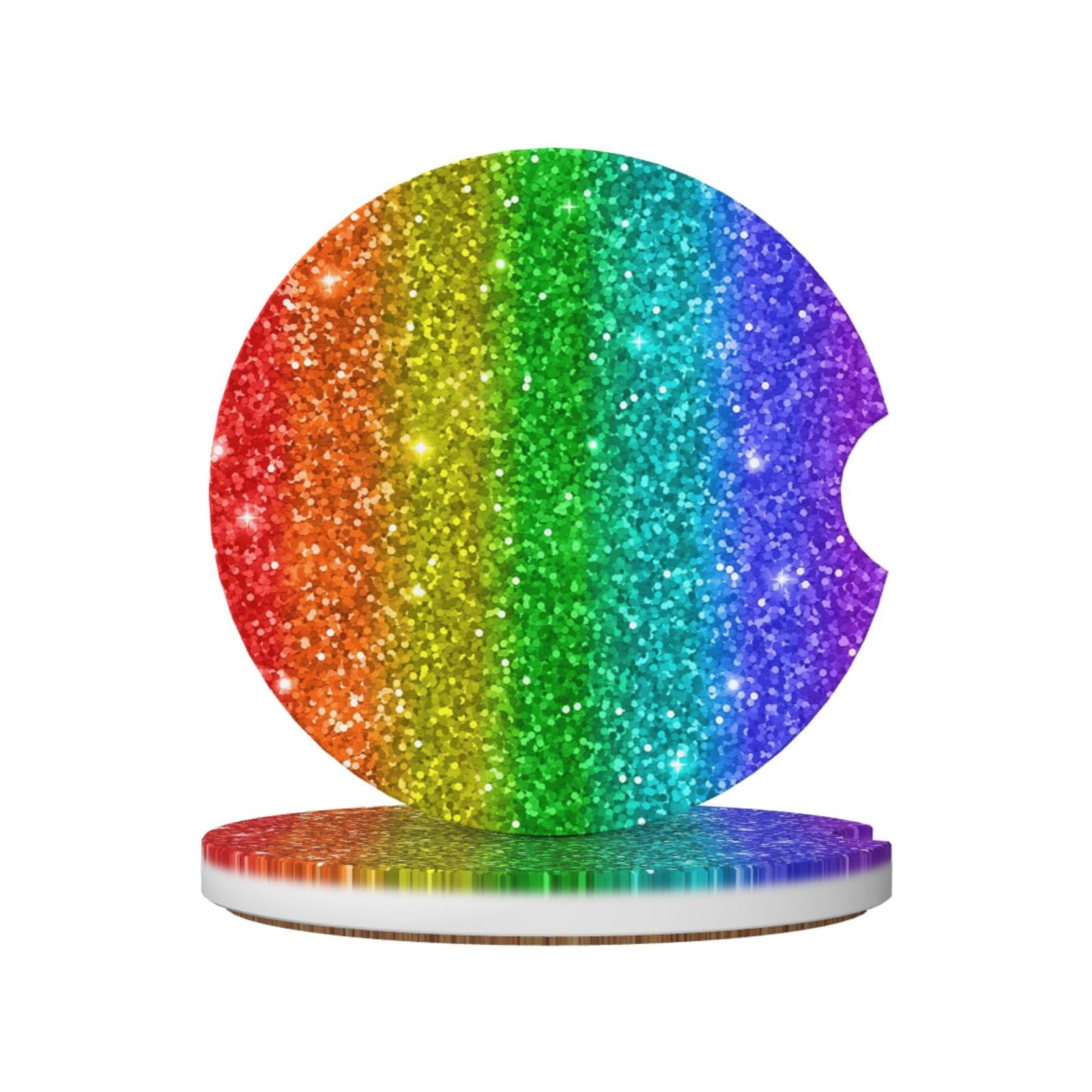 Rainbow Looks Like With Sequin, Car Cup Holder Coasters 2 Pack, Absorbent Ceramic Car Coasters with Non Slip Cork Base