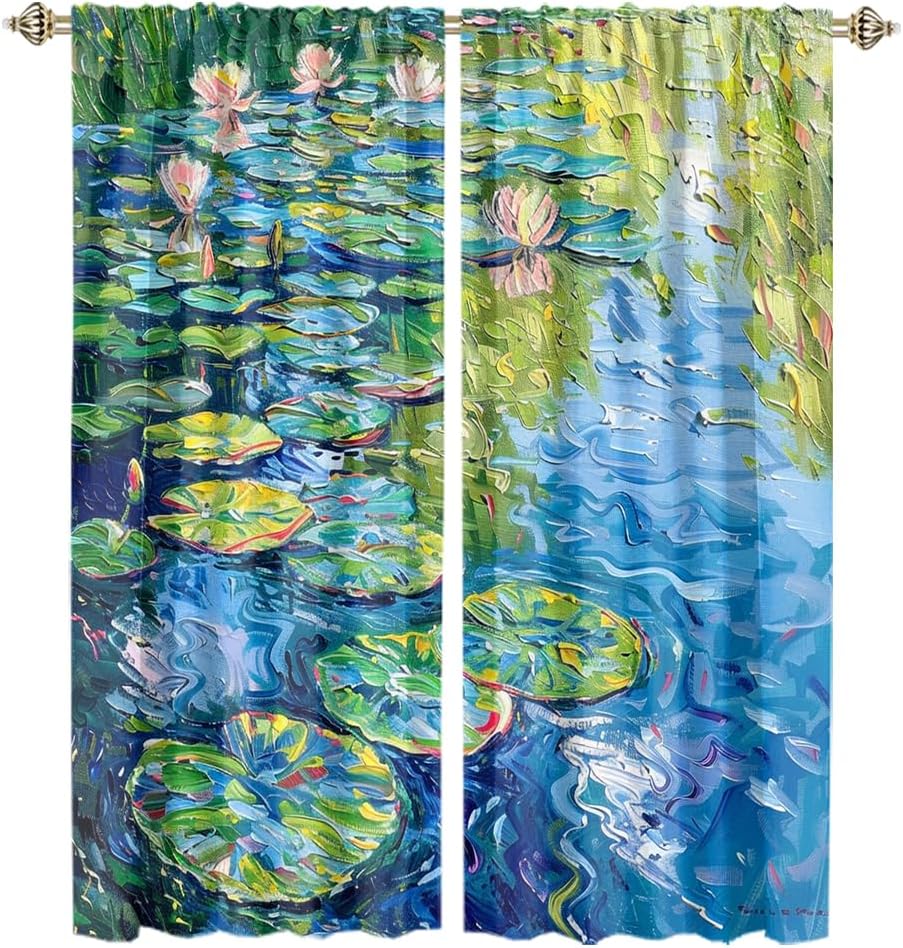 Rustic Oil Painting Florals Blackout Curtains for Bedroom Vintage Monet Style Summer Landscape Lotus Heat Insulating Blackout Curtains for Living Rroom 2 Panels 54" L x 21" W