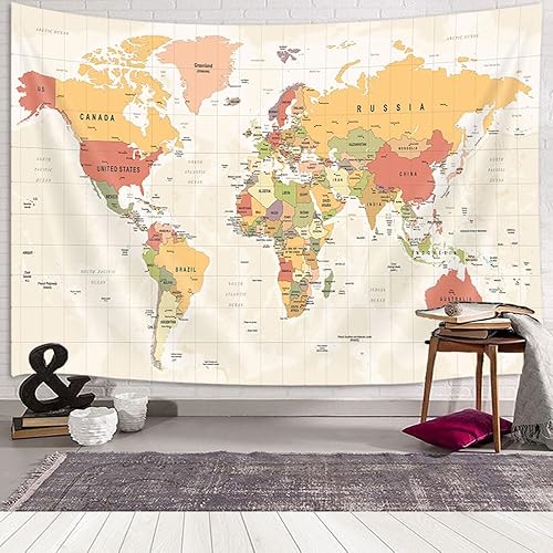 Miniatura 3 de Tapiz de mapa del mundo para niños y estudiantes, mapa del mundo con países y ciudades principales, tapiz educativo, Asia Europa, topografía de la