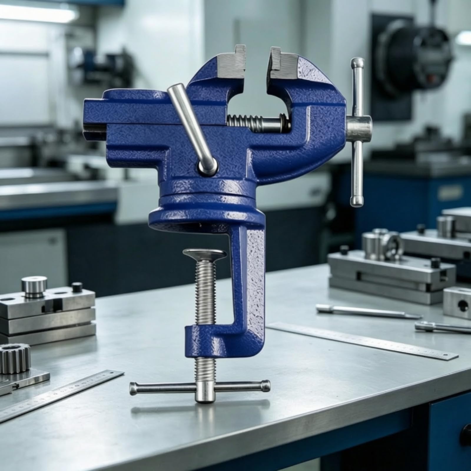 Tornillo Tornillo Profesional Banco con Base Giratoria Resistente Abrazara Trabajo para, Azul, 80mm