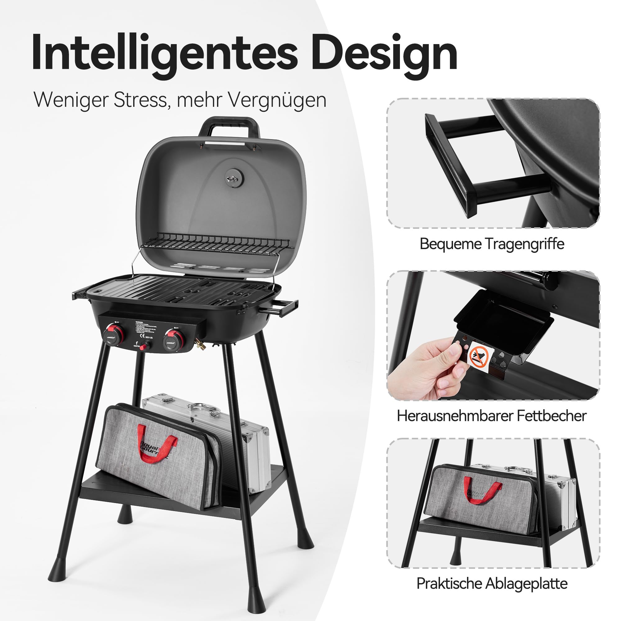 Royal Gourmet 2- Brenner Gasgrill kleiner Balkon-Picknick-Grill, 5 kW Grillwagen für Garten und Camping mit leicht demontierbaren Grillständer, Grau