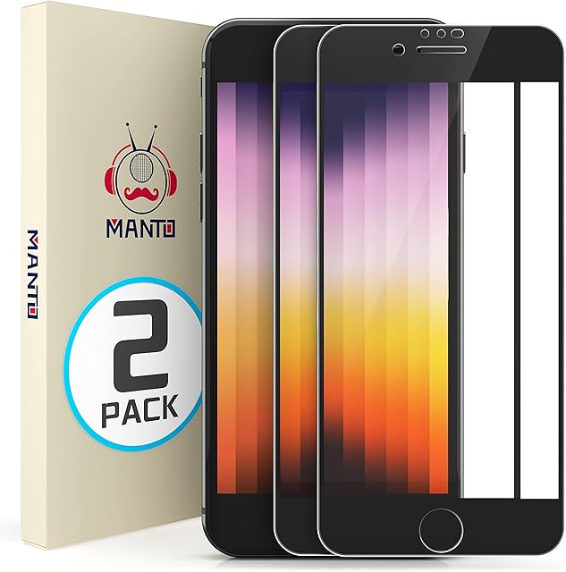 MANTO 2 Pack Screen Protector for iPhone SE 3/ SE 2/8/ 7/ 6s/ 6 Full Coverage Tempered Glass Film Edge to Edge Protection 4.7 Inch, Black