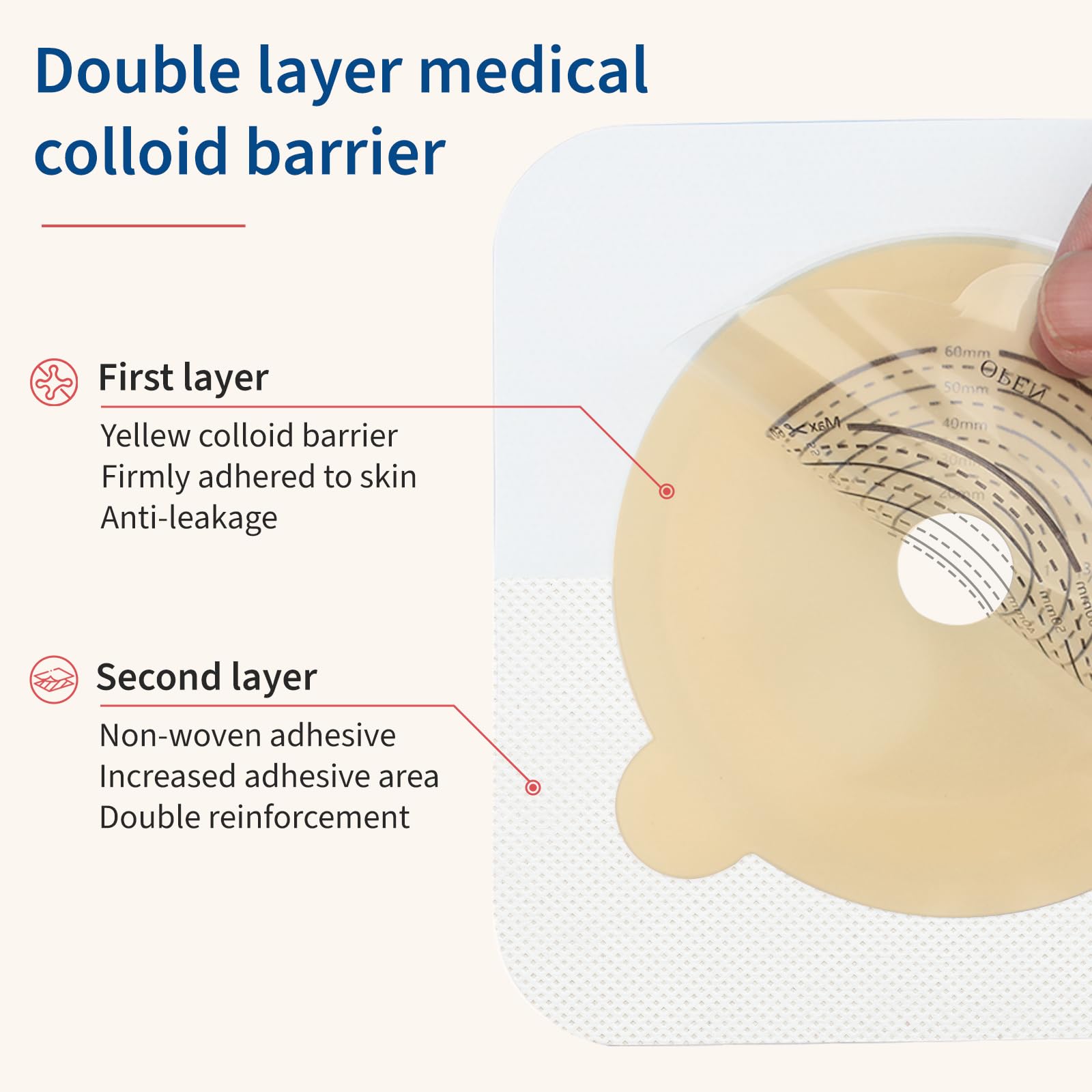 Hautbarrieren für zweiteilige Kolostomiebeutel, Stoma-Barriere mit Vlies-Rand, zuschneidbar, max. 60 mm, 10 Stück
