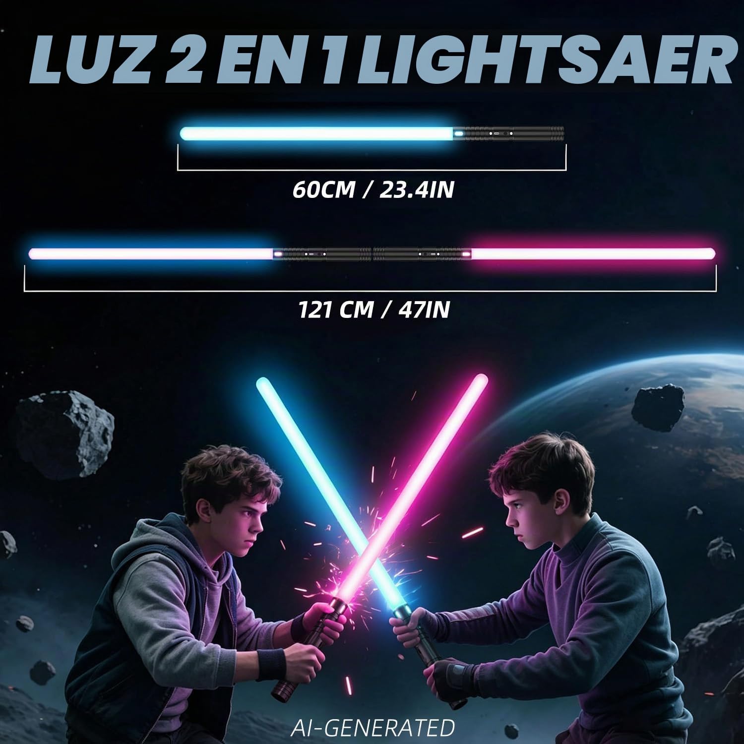 Espada Láser, Sable de Luz de 2 en 1 15 Colores, 4 Modos y Efectos de Sonido FX, Sable de Luz de Carga USB-C,Espada láser para niños Halloween Cosplay (Negro 2PC)