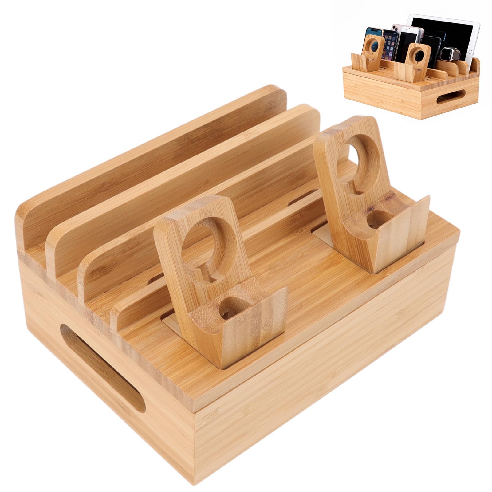 Station de Charge multifonctionnelle avec 5 Ports de Chargeur USB, boîte de Rangement de Chargeur en Bois avec Support de Montre pour téléphones Mobiles, tablettes, Montres, (Couleur Originale)