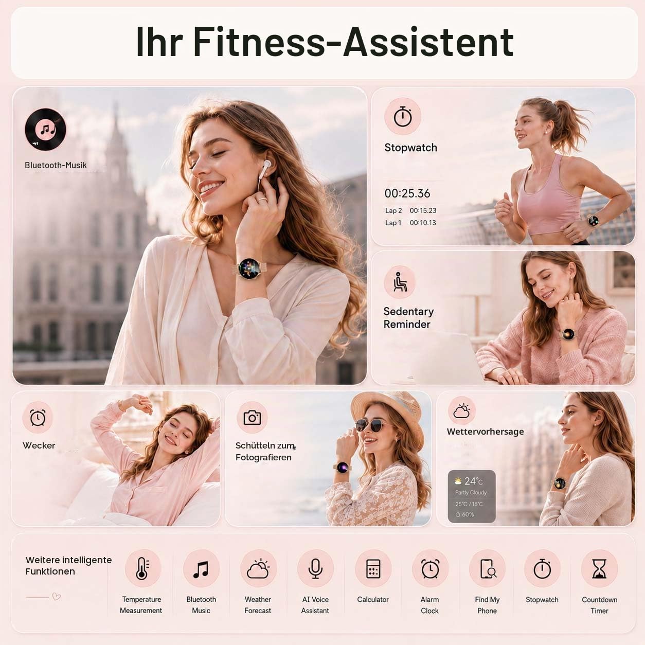 Smartwatch Damen mit EKG HRV Blutdruck: Damenuhr ECG PPG Smart Watch Uhr 1,32" Rund AMOLED Armbanduhr IP67 Wasserdicht Herzfrequenz Schrittzähler Telefonfunktion Digital Fitnessuhr für Android iOS