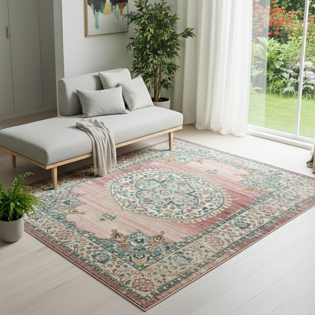 the carpet Palma - robusto tappeto per esterni ed interni, resistente alle intemperie e ai raggi UV, per balcone, terrazza, giardino d'inverno o cucina, orientale, rosa, 160 x 230 cm