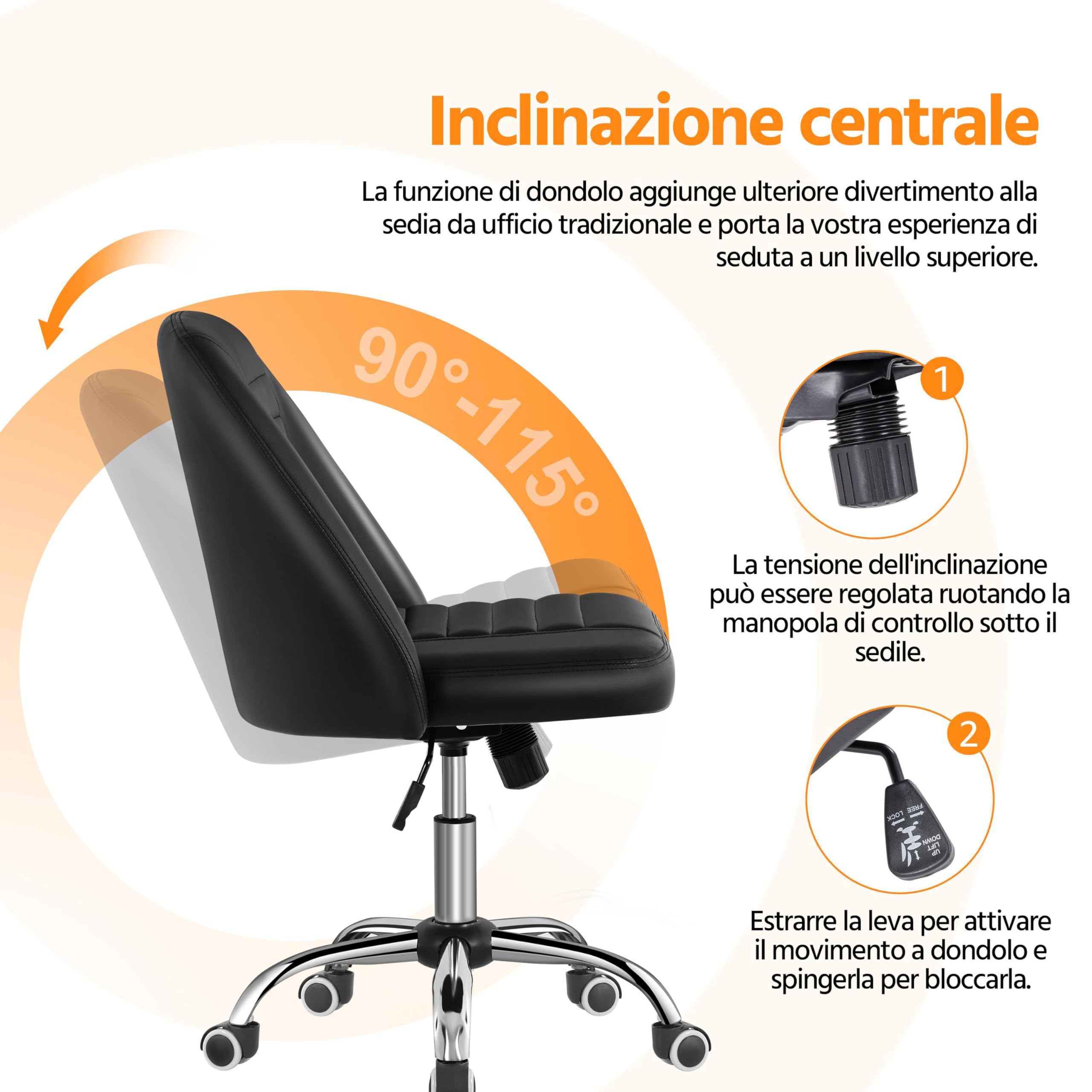 Sedia Ufficio Yaheetech - Ergonomica, Regolabile, Rotelle, Finta Pelle Nero - Foto 4