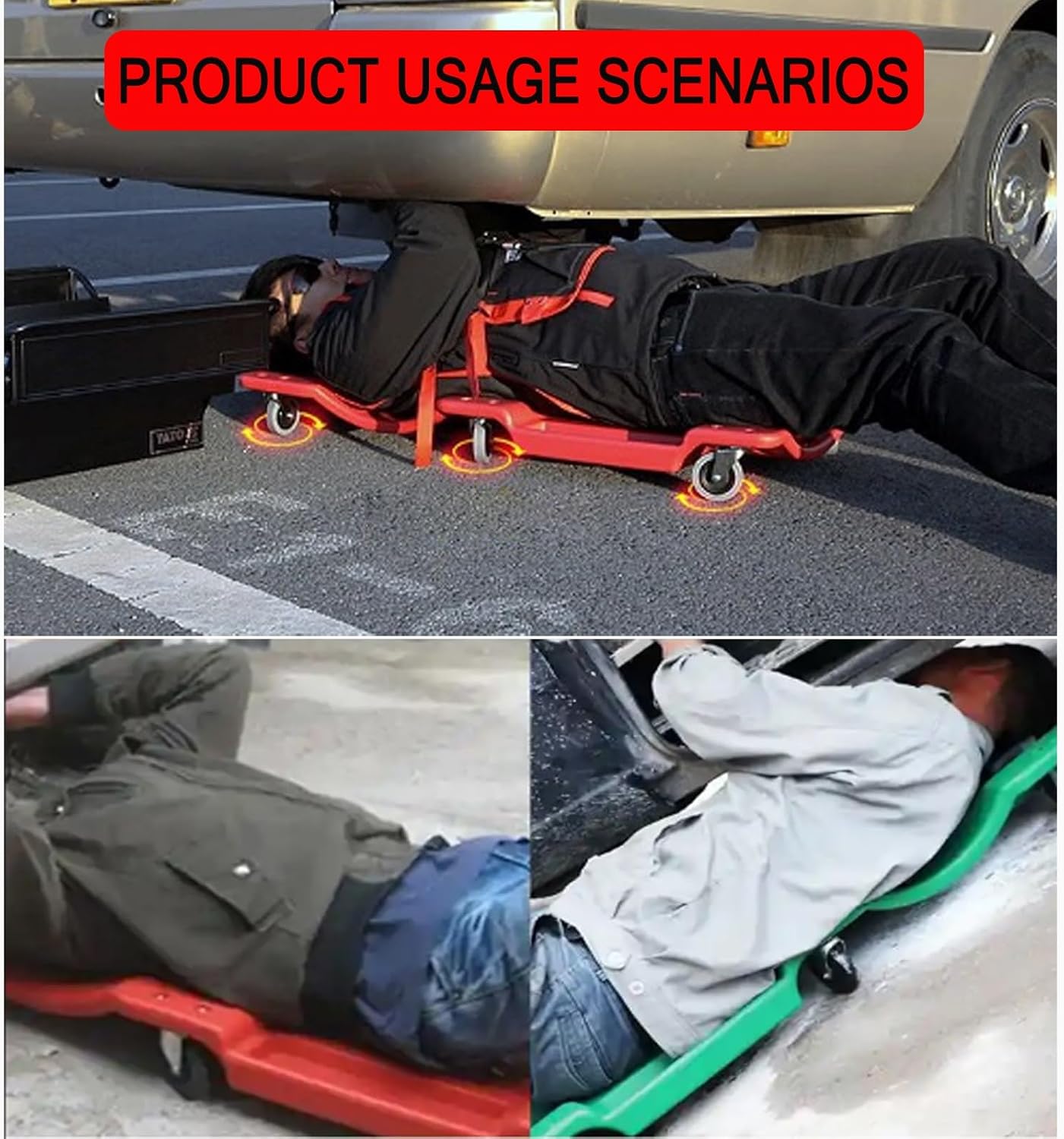 36 Inch Mechanic Creeper, Plastic Rolling Garage/Shop Creeper，with Padded Headrest，Mechanic Plastic Creeper，with Dual Tool Trays and Noiseless Casters,Red(36-inch)