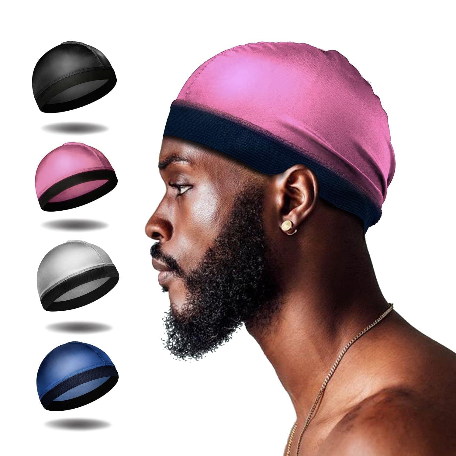 Selalu 4Pcs Wave Cap, Silk Stocking Wave Caps for 360 Waves, Silky Durag for Men, Stain Caps (2*Blue 2*Black)