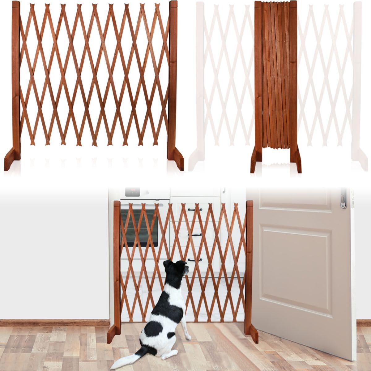 2er Set Holzzaun Hund Absperrgitter freistehend flexibel einstellbar Scherengitter Türgitter (2X Zaun)