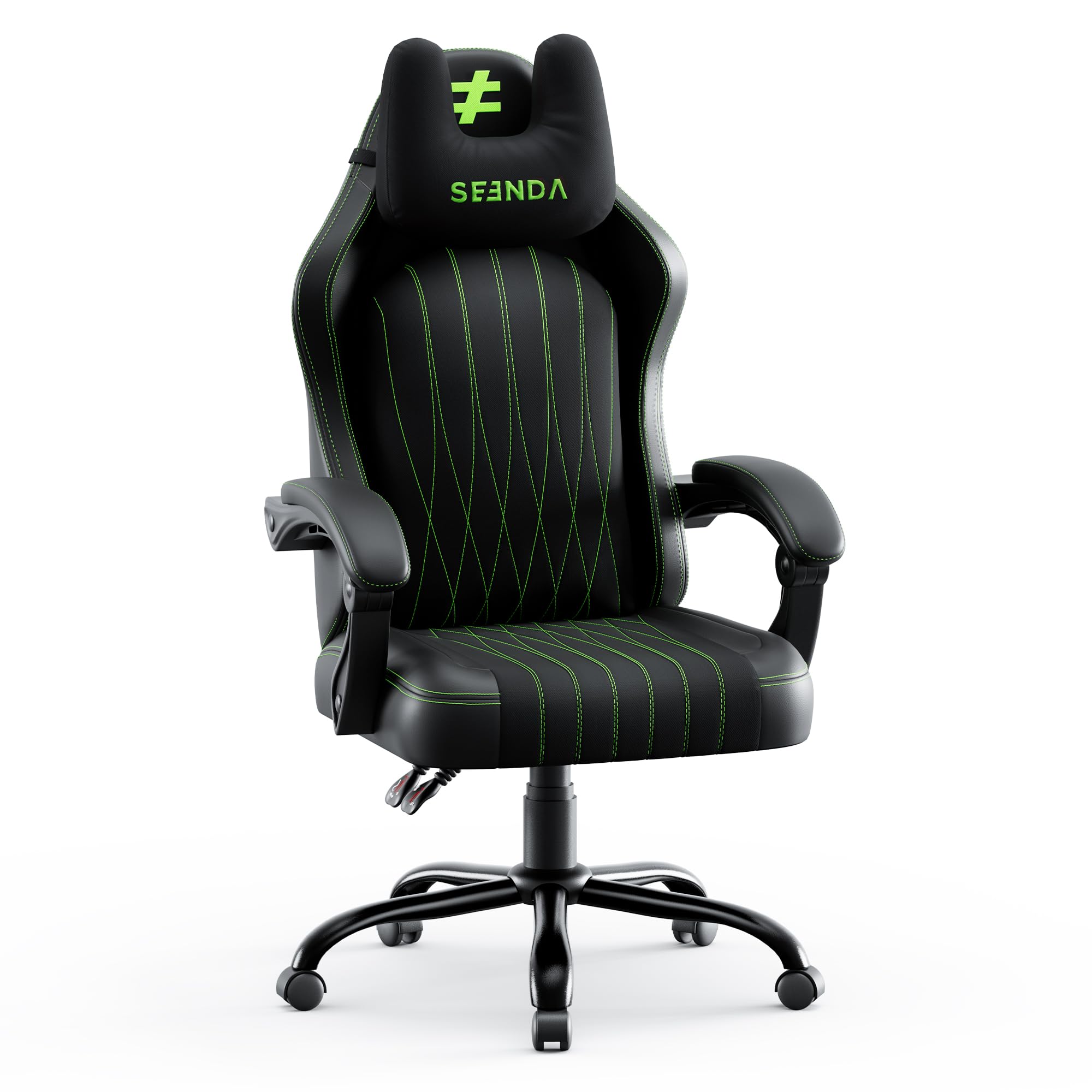 seenda GCP-18 Bürostuhl Ergonomisch – Atmungsaktiver Gaming Stuhl aus Tech-Stoff & PU-Leder, Drehstuhl mit Synchron-Mechanik & 135° Neigung, Abnehmbares Kopfkissen, Chefsessel für Homeoffice, Schwarz