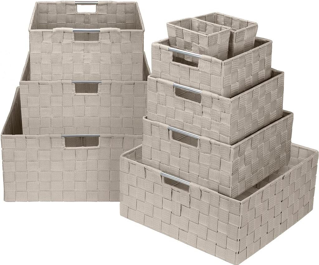 Sorbus Storage Box Woven Basket Bin Container Tote Cube Organizer Set Stackable Storage Basket Woven Strap Shelf Organizer Built-In Carry Handles (Beige)