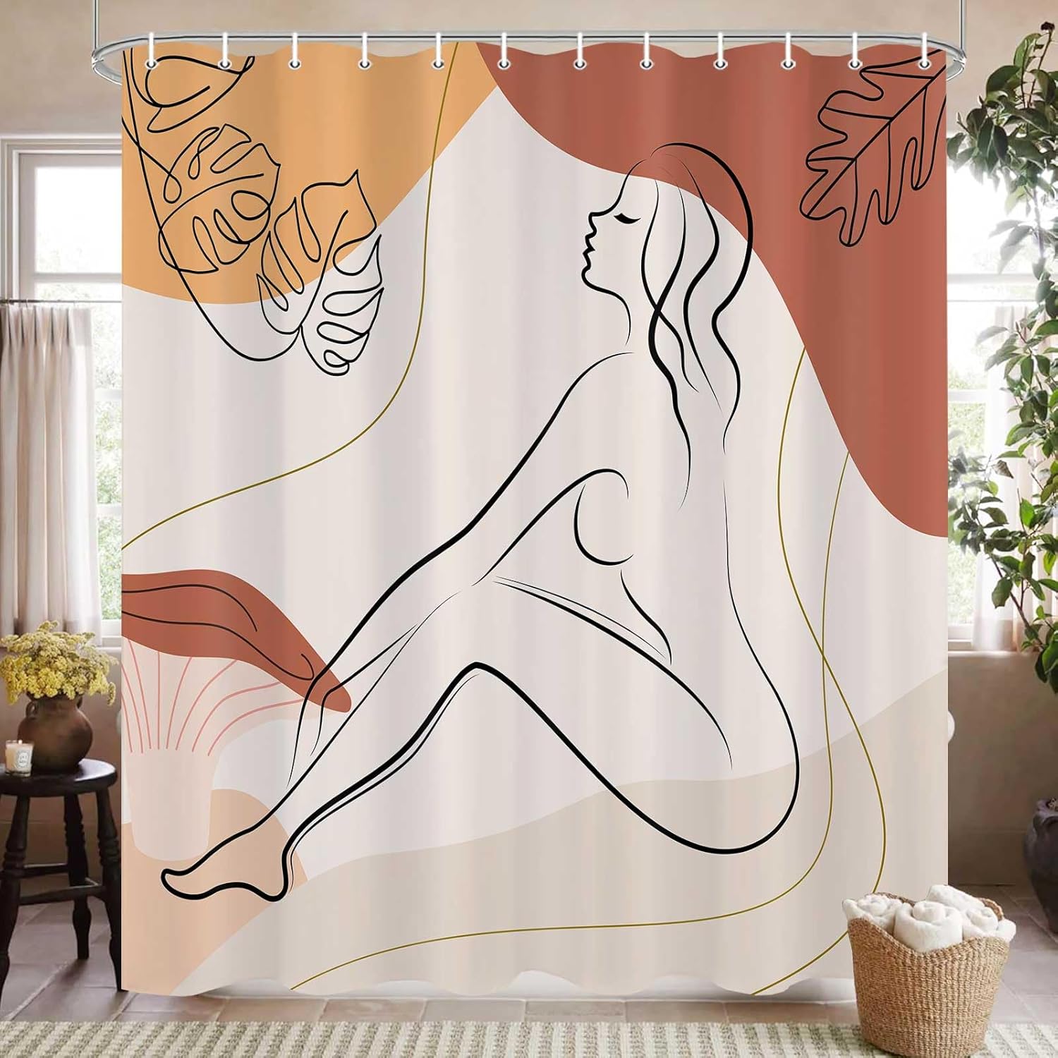 Boho Mid Century Modern Shower Curtain Abstract Minimalist Aesthetic Fabric Bath Curtain Decor Unique Novelty Girl Mushroom Bathroom Accessories with Hooks Set 72X78 Inch